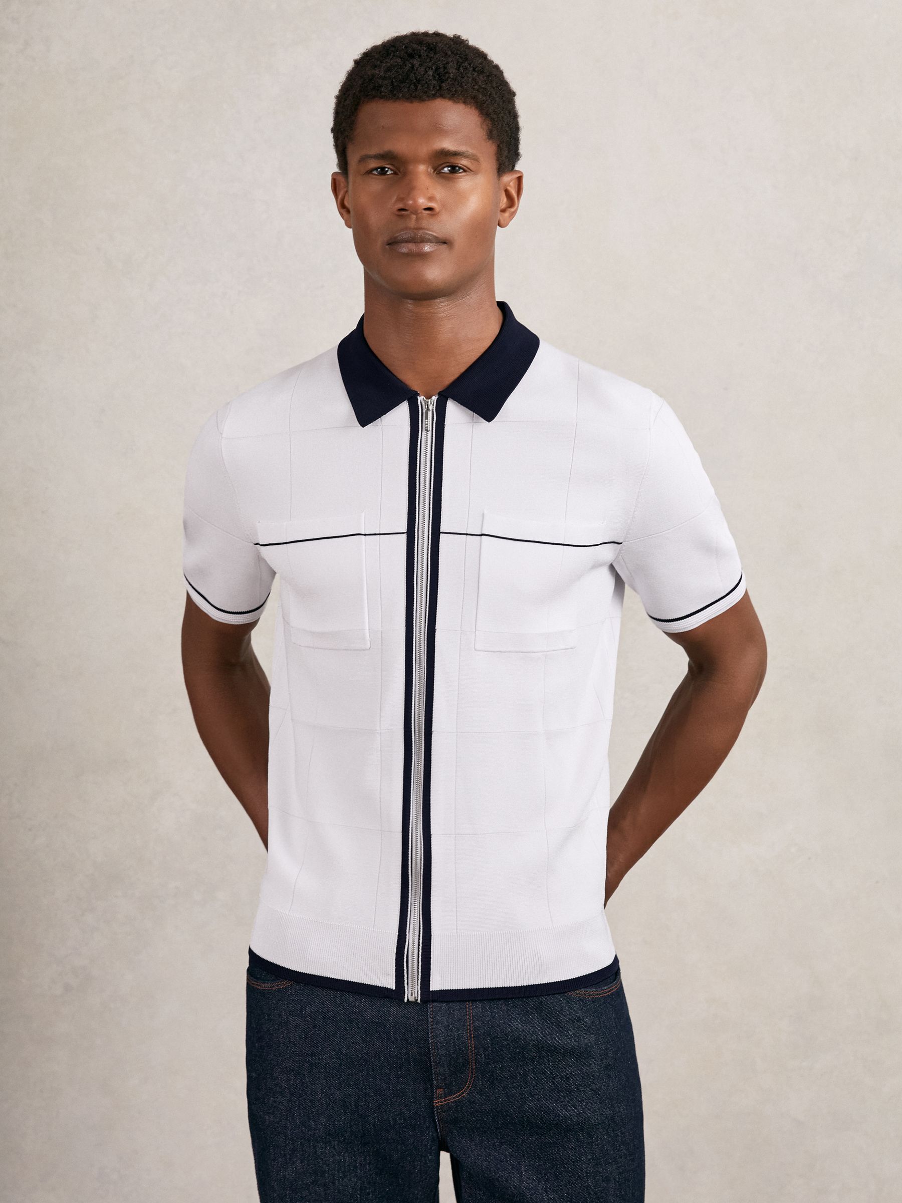 Compact-Knit Tipped Zip-Through Shirt in White/Navy/Blue - Image 3 of 6