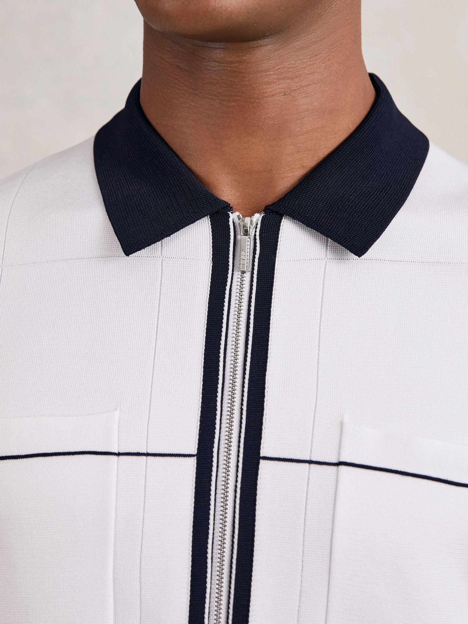 Compact-Knit Tipped Zip-Through Shirt in White/Navy/Blue - Image 4 of 6