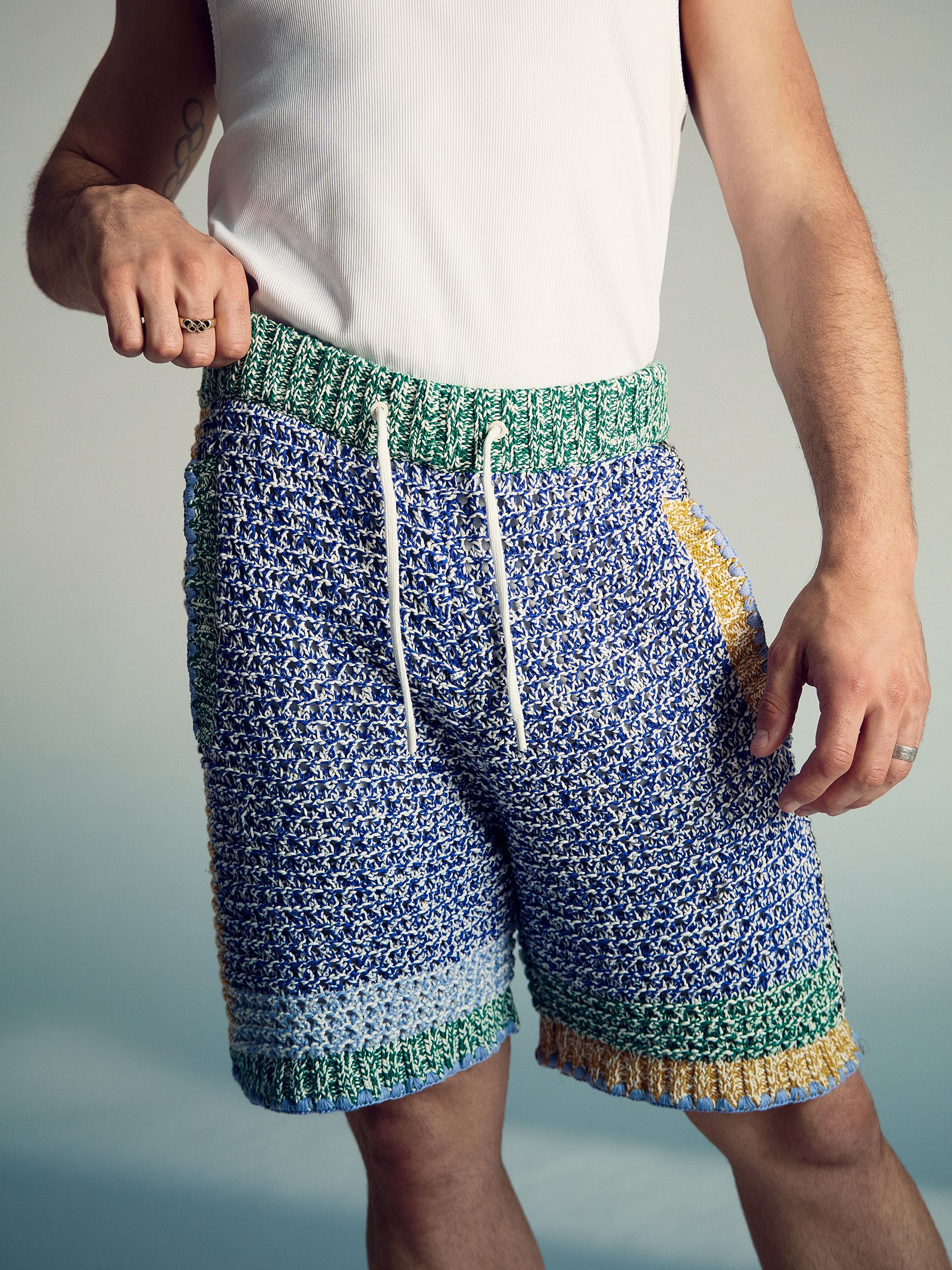 Reiss | Tom Daley Crochet Panel Shorts in Yellow/Green/Blue Multi - Image 3 of 5