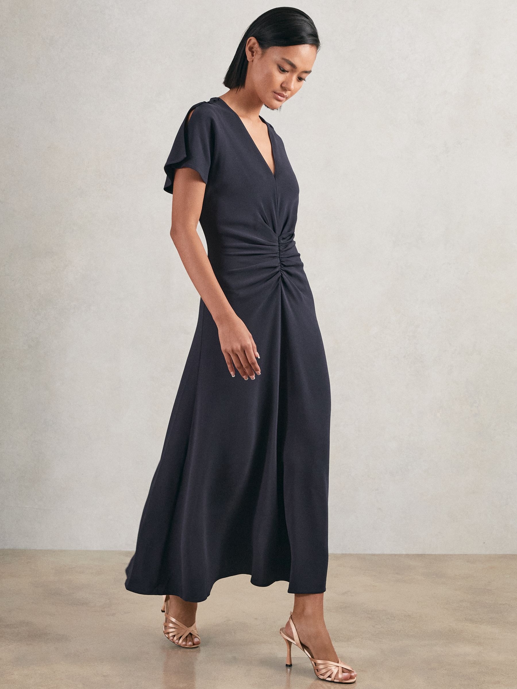 Reiss Petite Ruched-Front Midi Dress in Navy - REISS