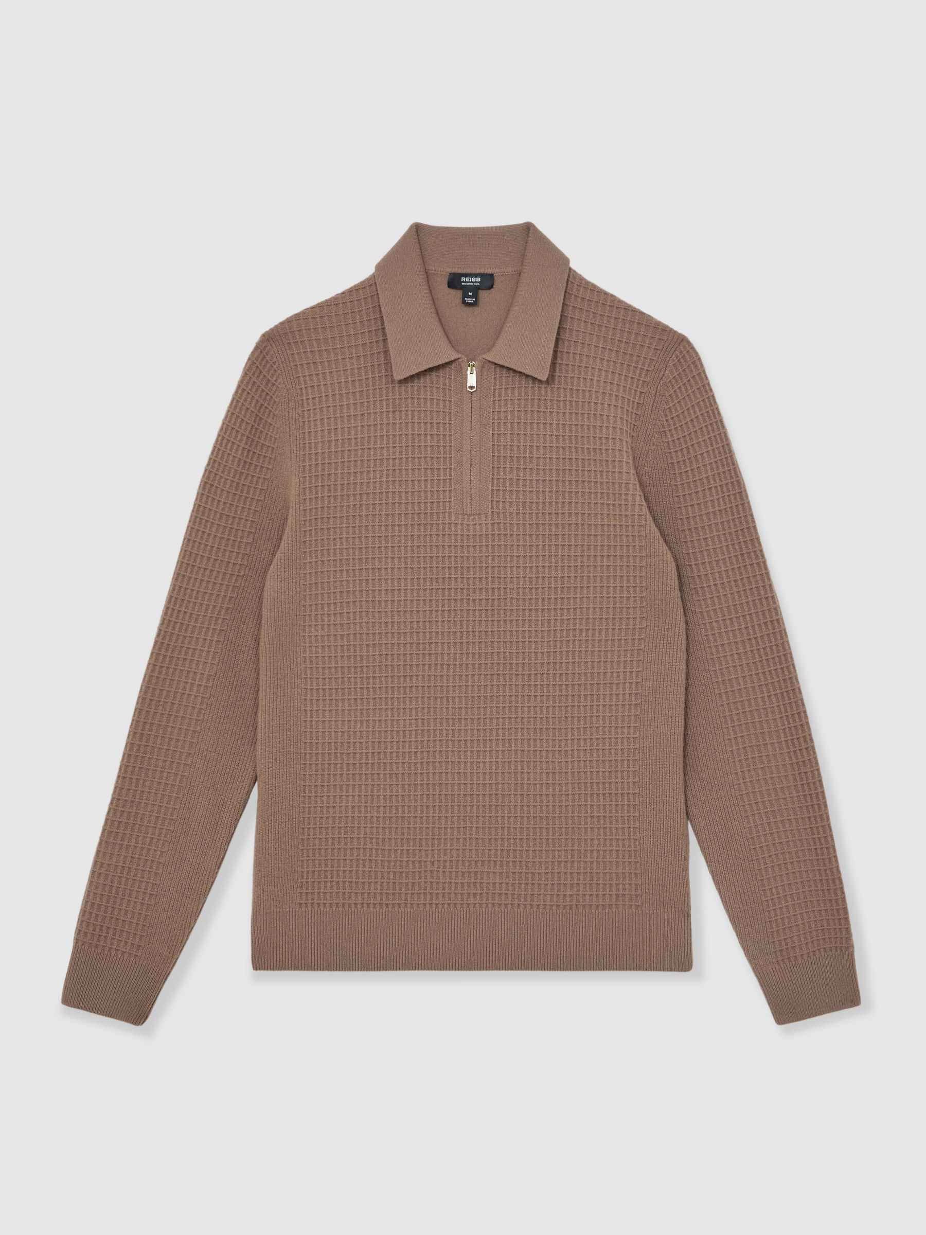 Wool Waffle-Knit Half-Zip Polo Shirt in Camel Brown - Image 2 of 5