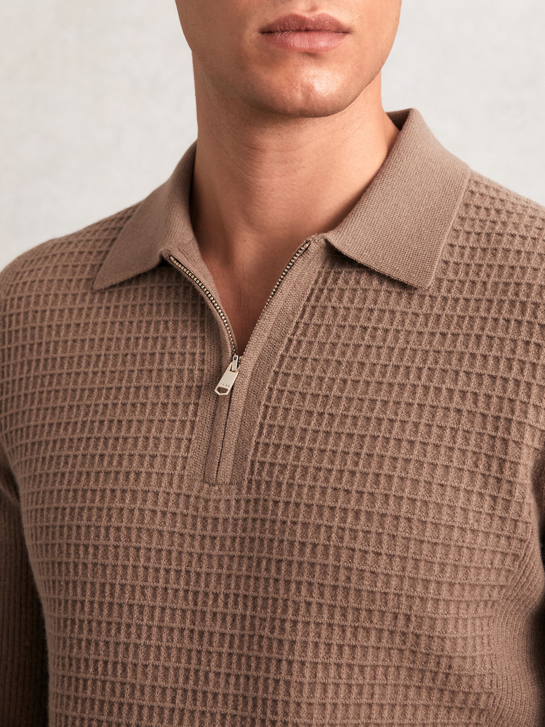 Wool Waffle-Knit Half-Zip Polo Shirt in Camel Brown - Image 3 of 5