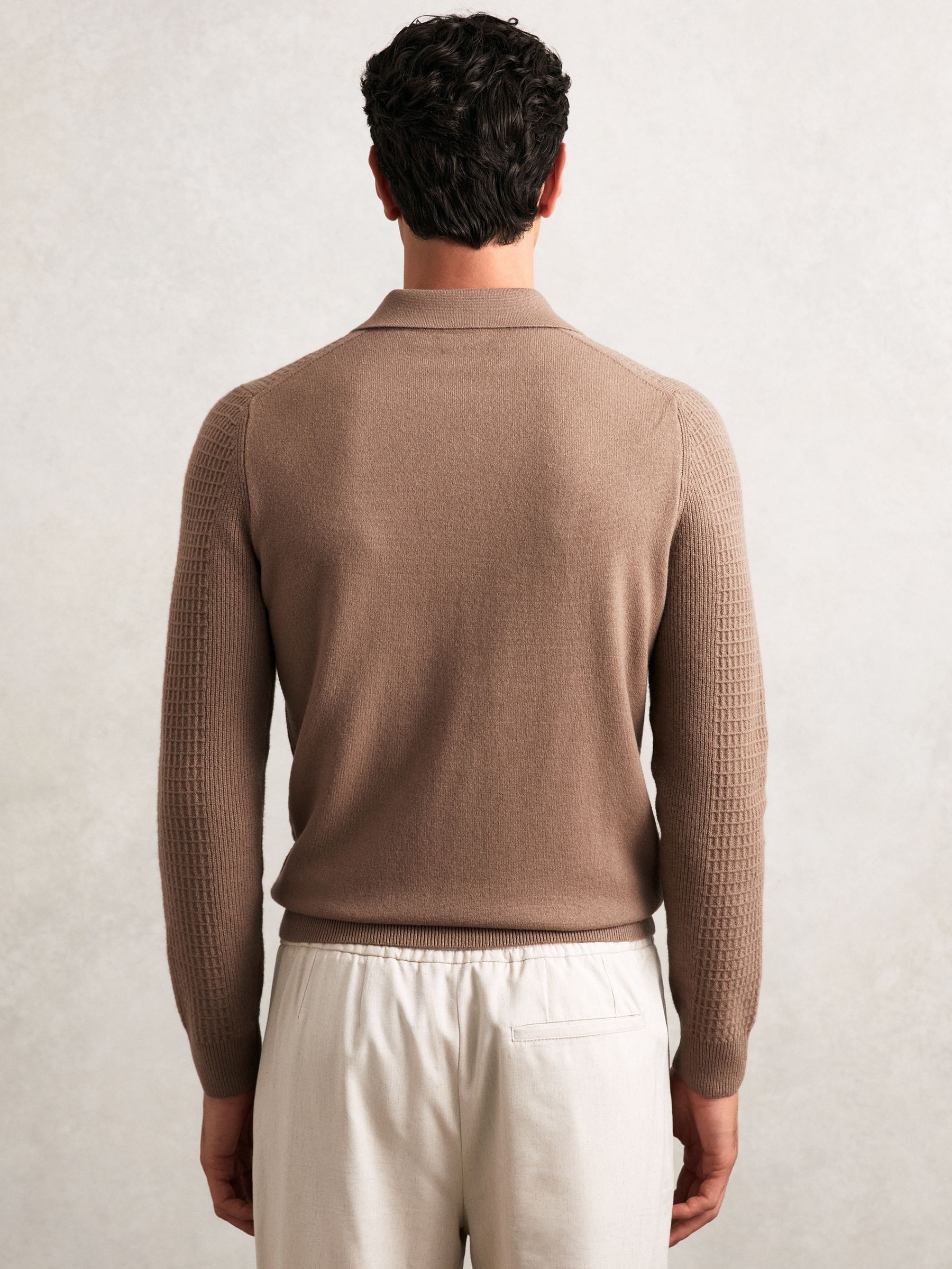 Wool Waffle-Knit Half-Zip Polo Shirt in Camel Brown - Image 4 of 5