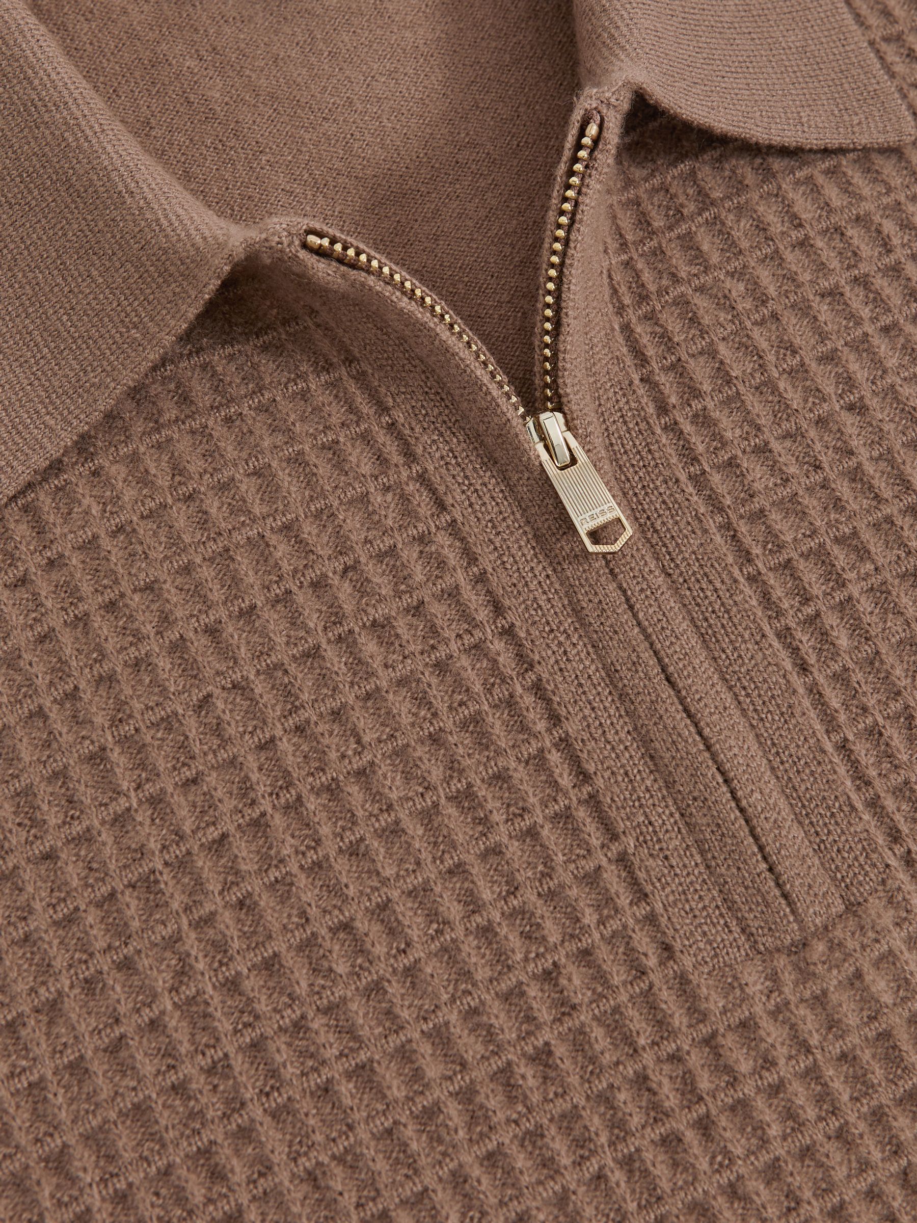 Reiss Wool Waffle-Knit Half-Zip Polo Shirt in Camel Brown | REISS