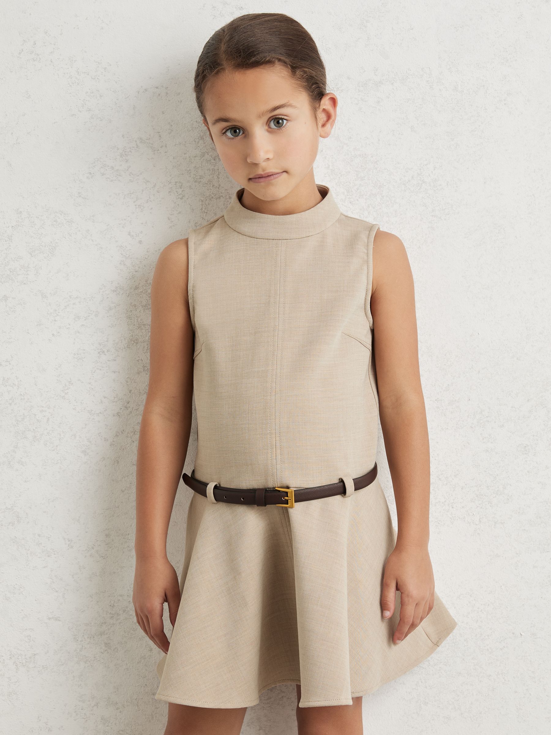 9-13 yrs Drop Waist Belted Sleeveless Dress in Neutral - Image 3 of 4