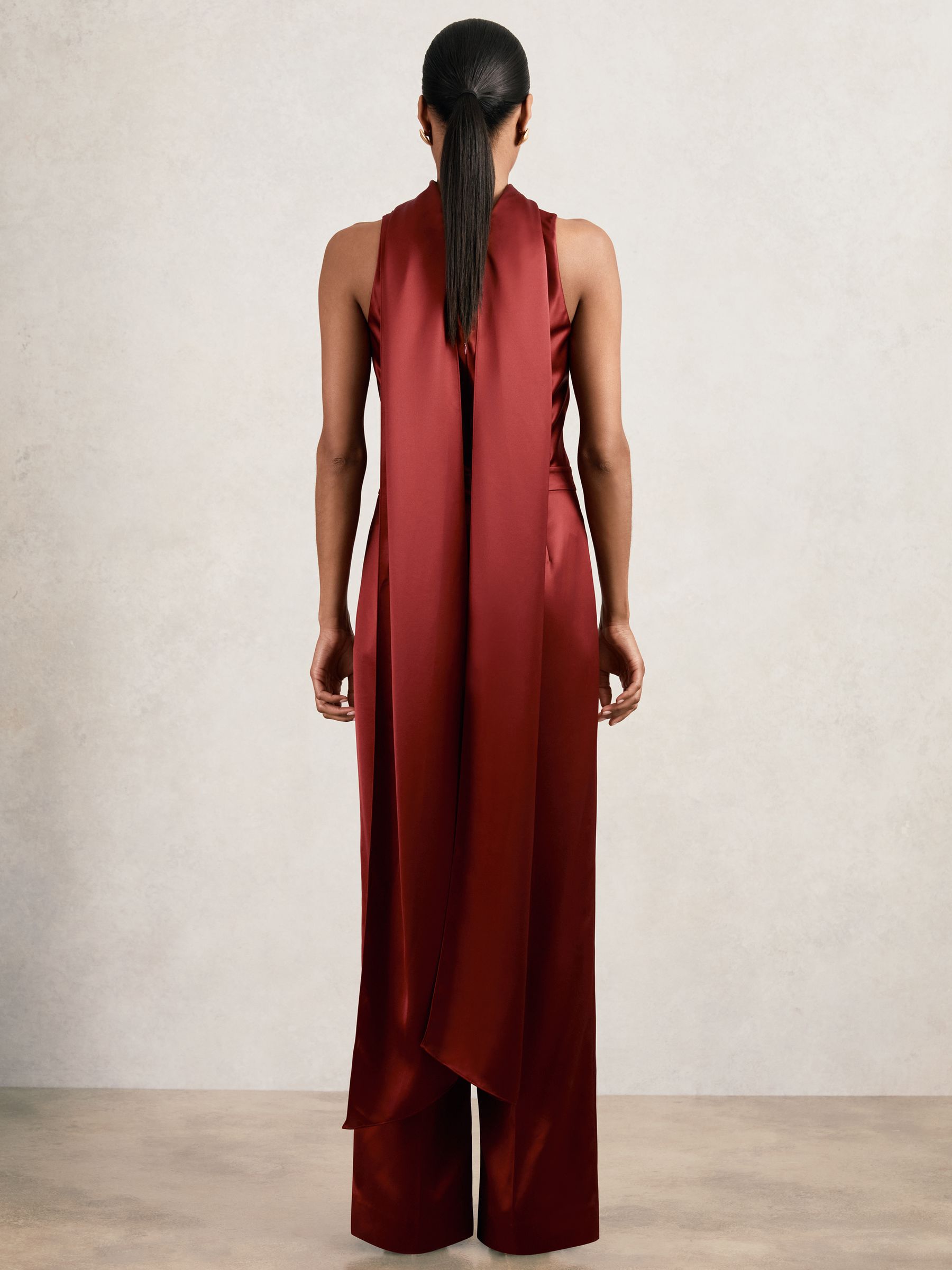 Reiss Satin Cape-Sash Jumpsuit in Dark Red | REISS