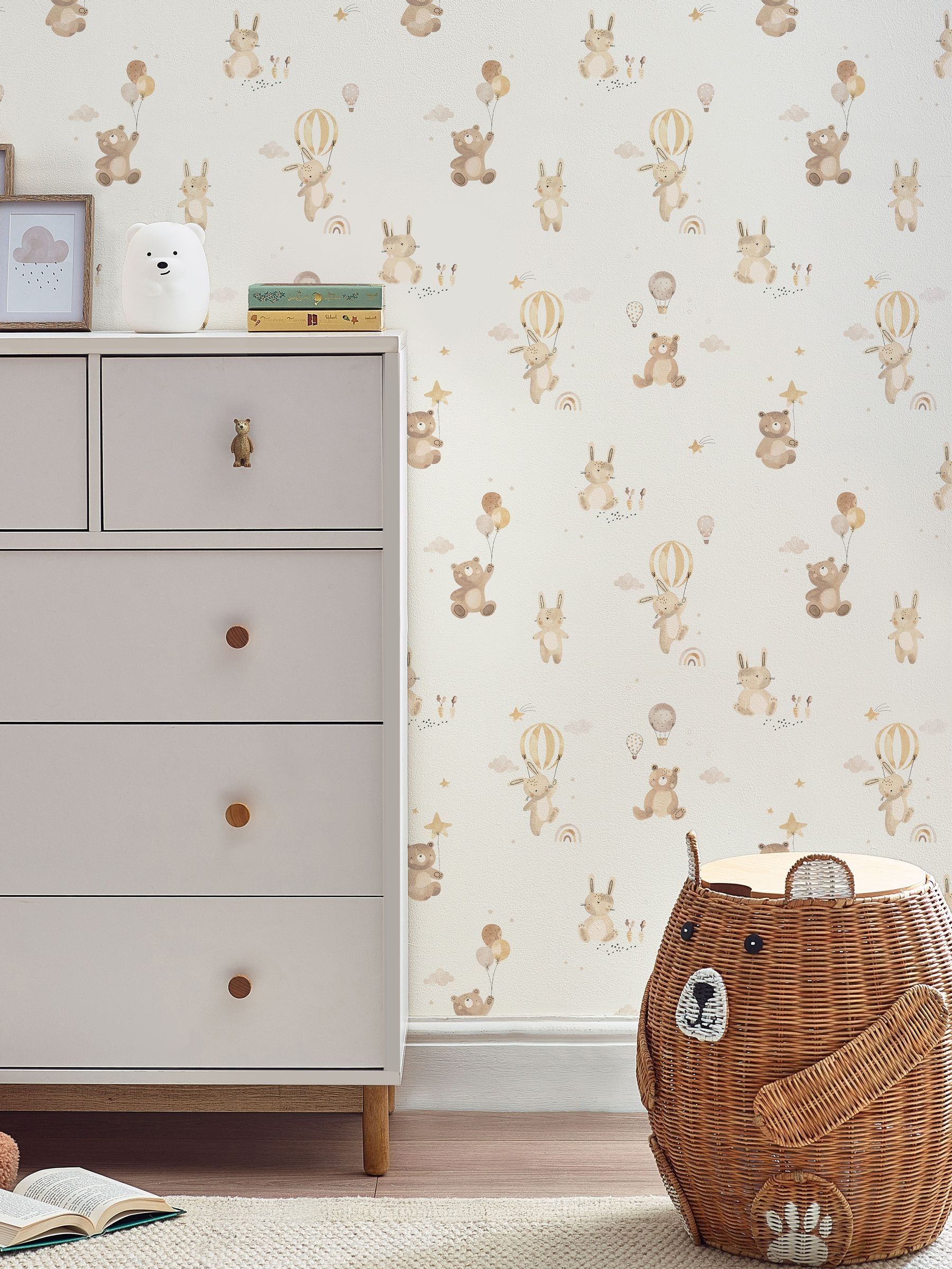 Next Neutral Watercolour Bunny & Bear 10M Wallpaper - Image 1 of 4