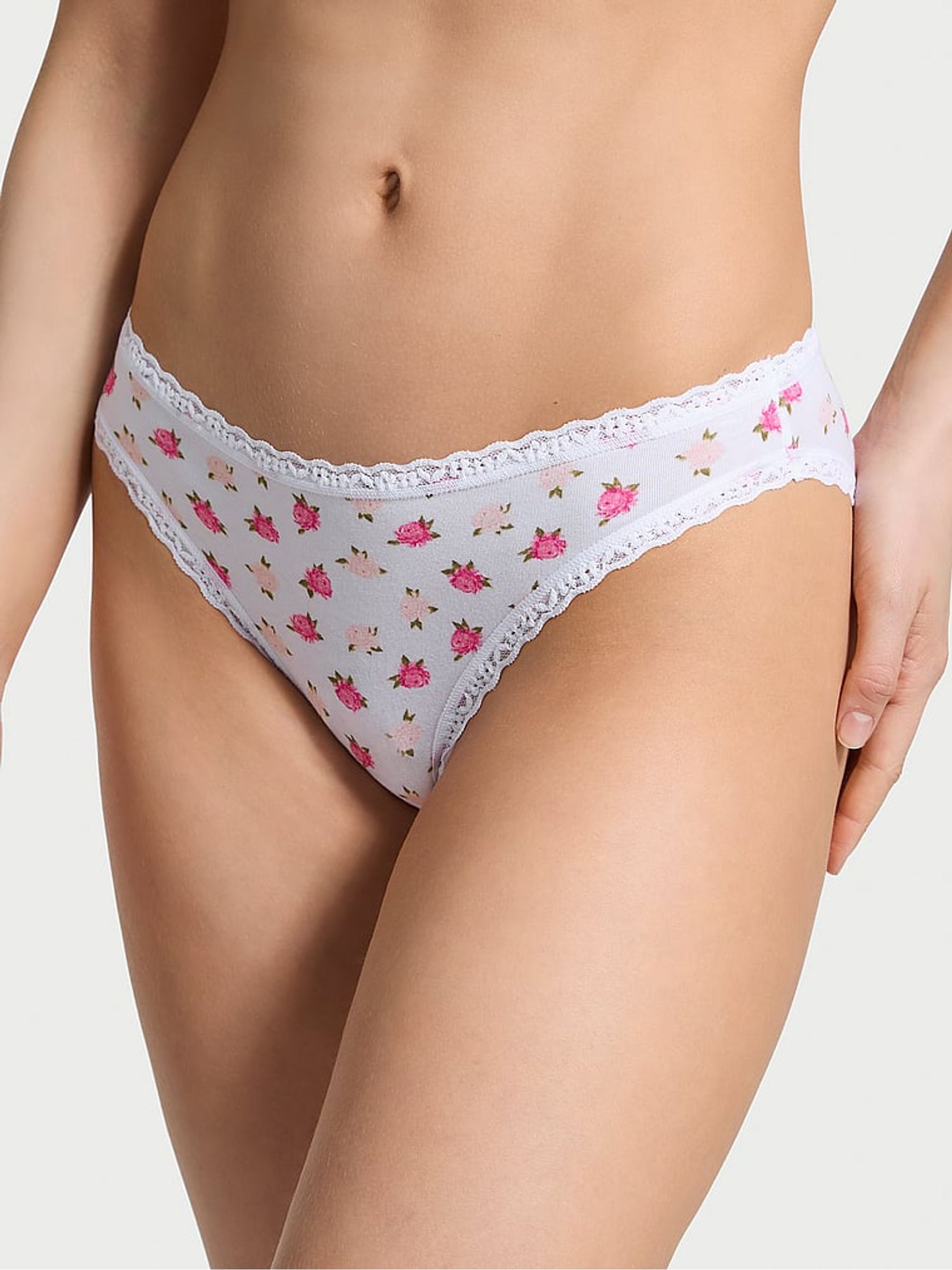 White & Pink Peonies Bikini Lace Trim Knickers - Image 1 of 3