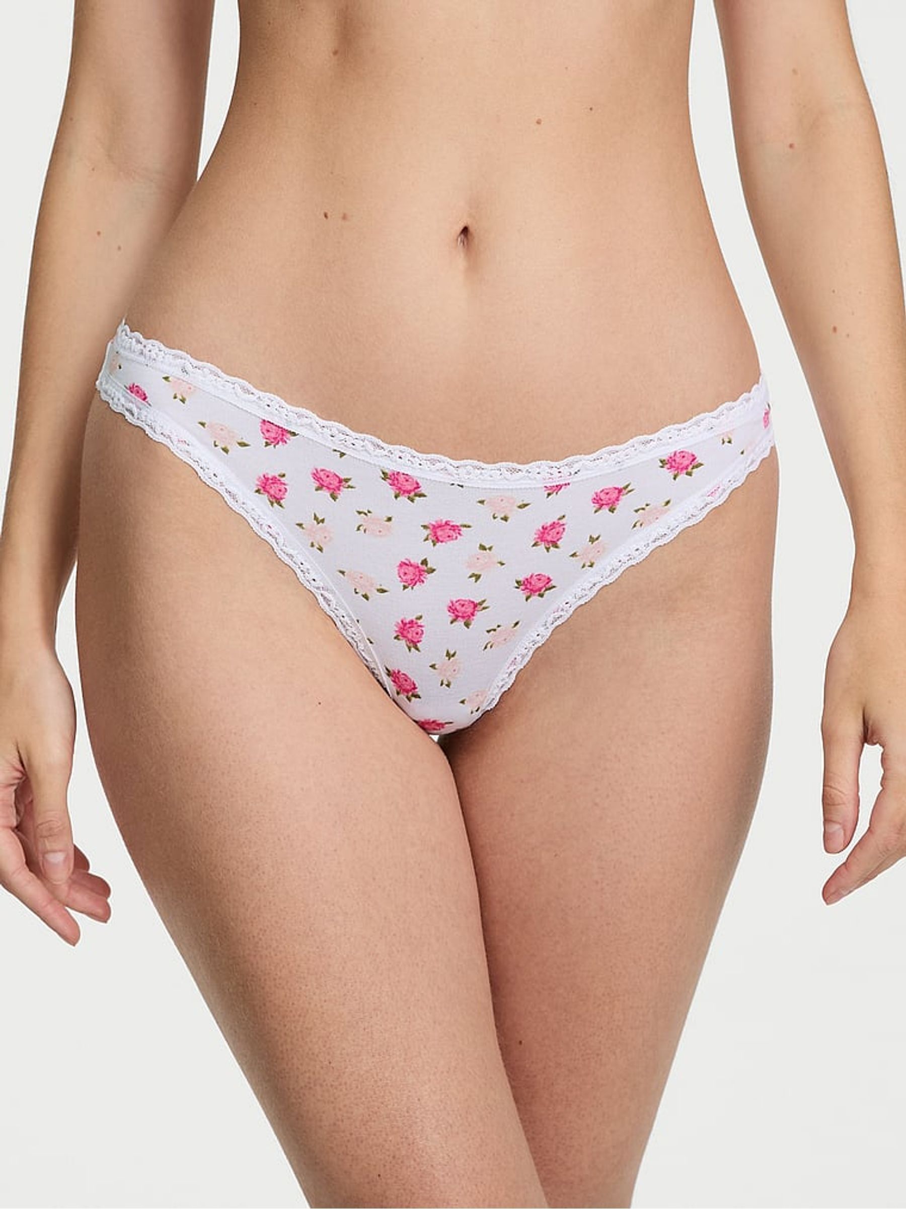 White Soft Peonies Thong Cotton Lace Trim Knickers - Image 1 of 3