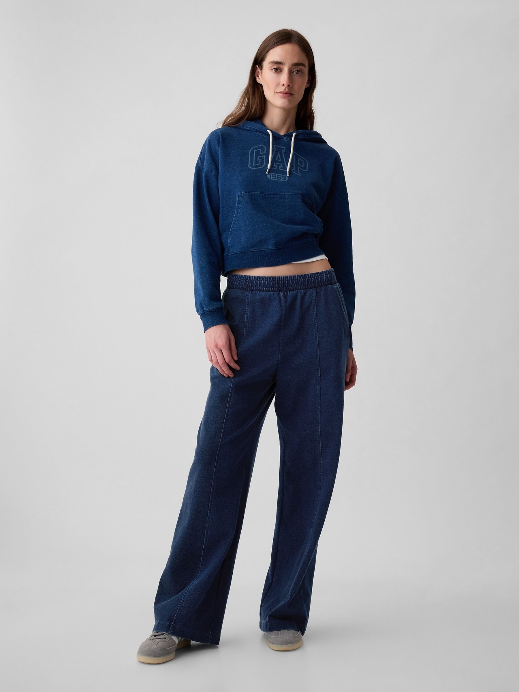 Blue Cotton Wide Leg Pull On Joggers - Image 1 of 4