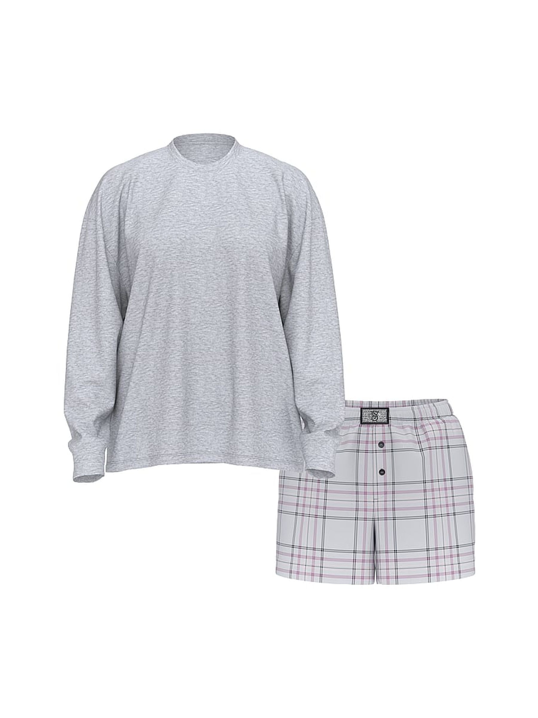 Medium Heather Grey Plaid Flannel Long Sleeve Short Pyjamas Set - Image 3 of 4