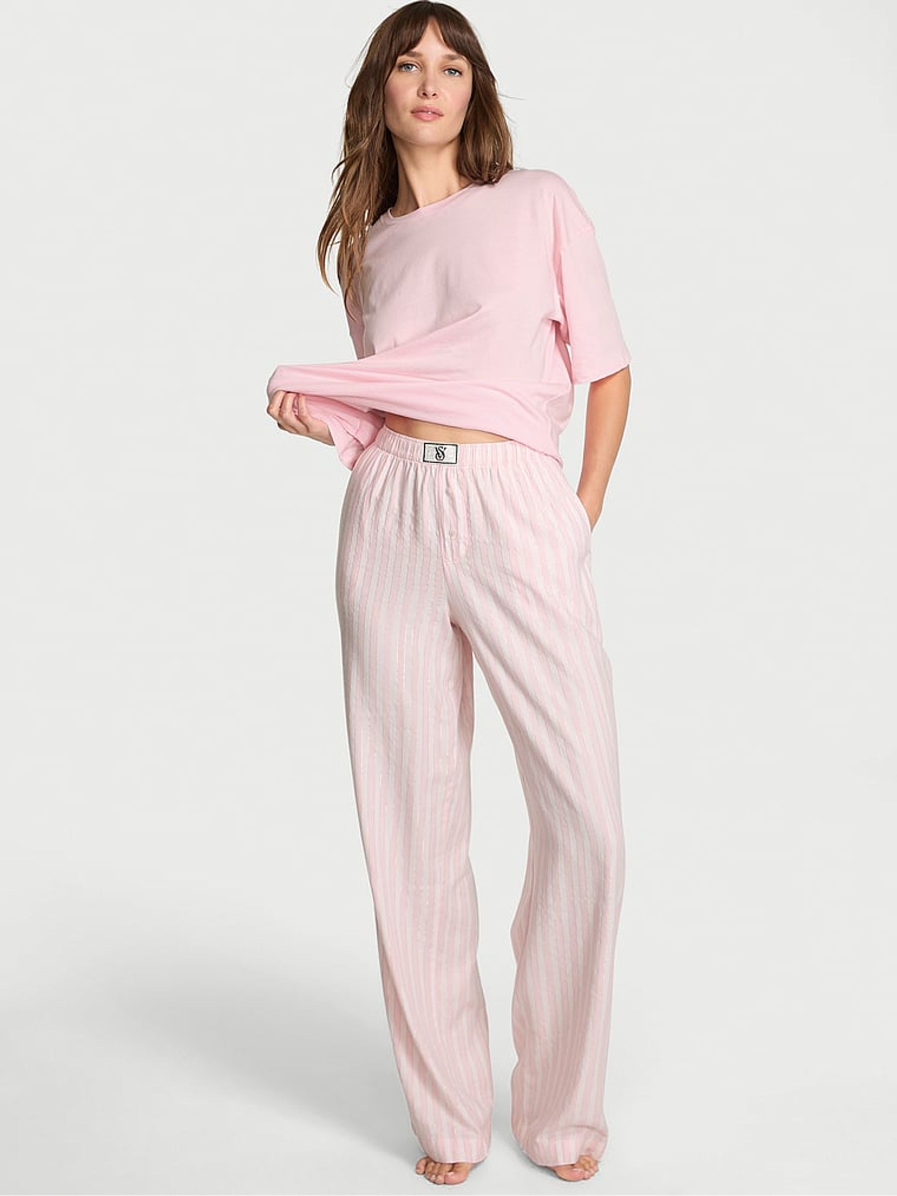 White/ Pretty Blossom Pink Stripe Flannel Short Sleeve Long Pyjama Set - Image 1 of 3