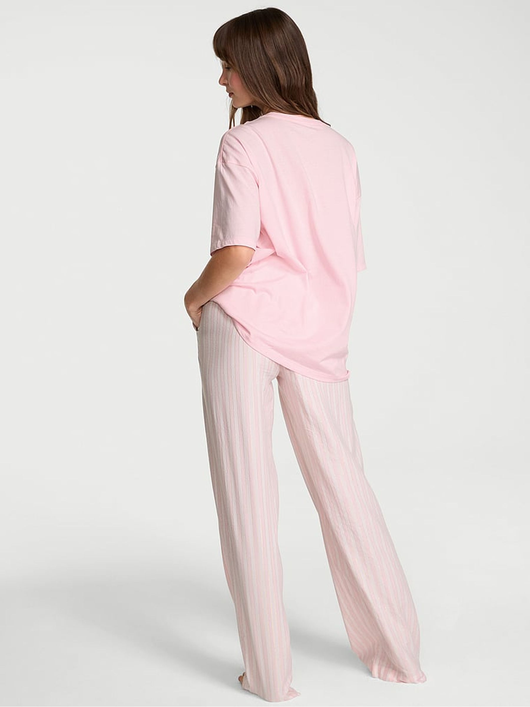 White/ Pretty Blossom Pink Stripe Flannel Short Sleeve Long Pyjama Set - Image 2 of 3