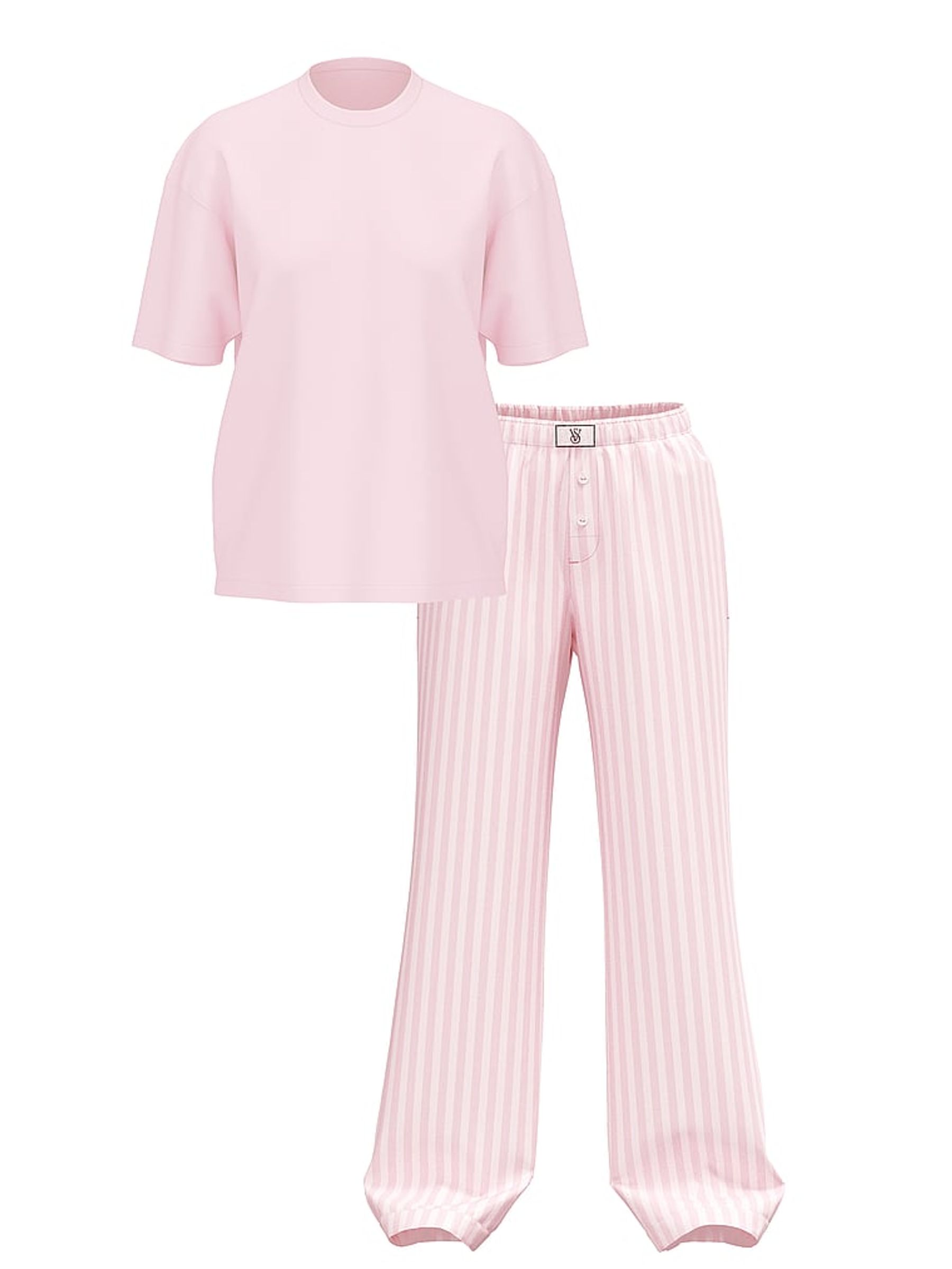 White/ Pretty Blossom Pink Stripe Flannel Short Sleeve Long Pyjama Set - Image 3 of 3