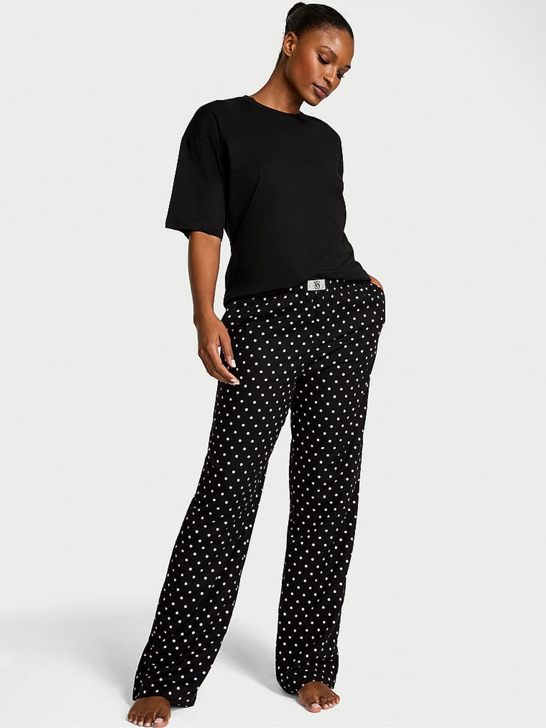 Black Asprin Dot Flannel Short Sleeve Long Pyjama Set - Image 1 of 3