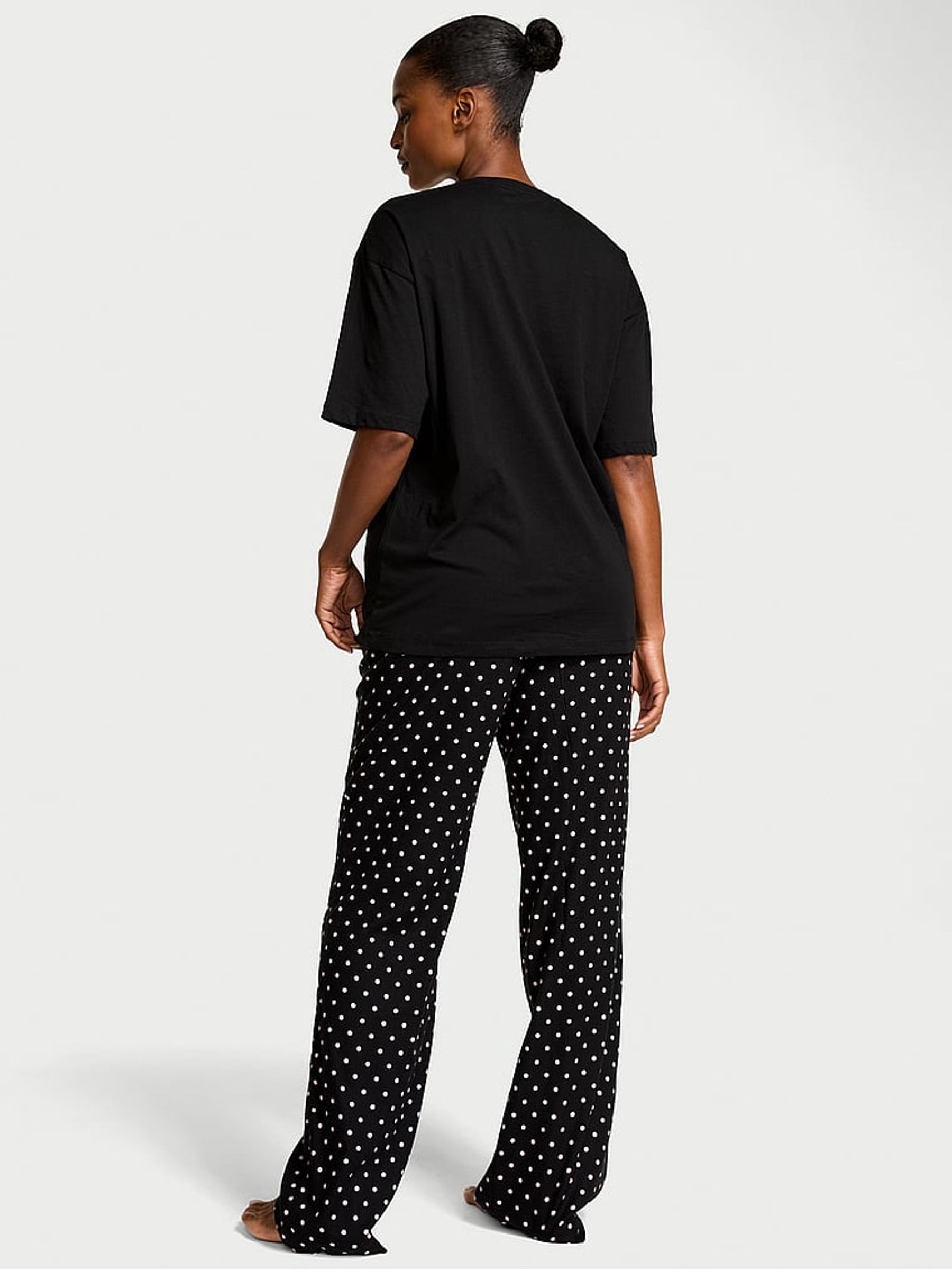 Black Asprin Dot Flannel Short Sleeve Long Pyjama Set - Image 2 of 3
