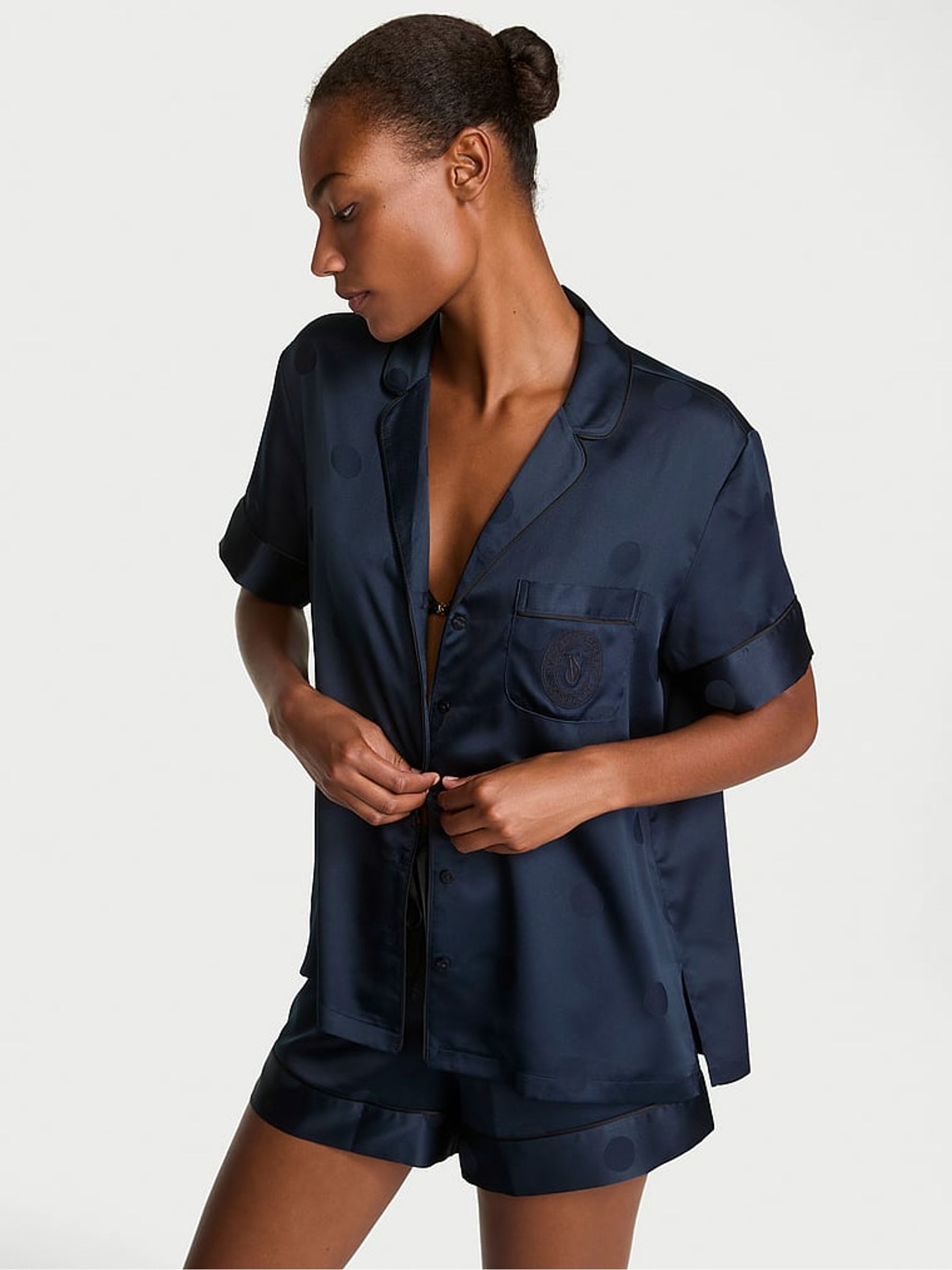 Dot Twilight Jacquard Blue Satin Short Pyjamas Set - Image 1 of 4
