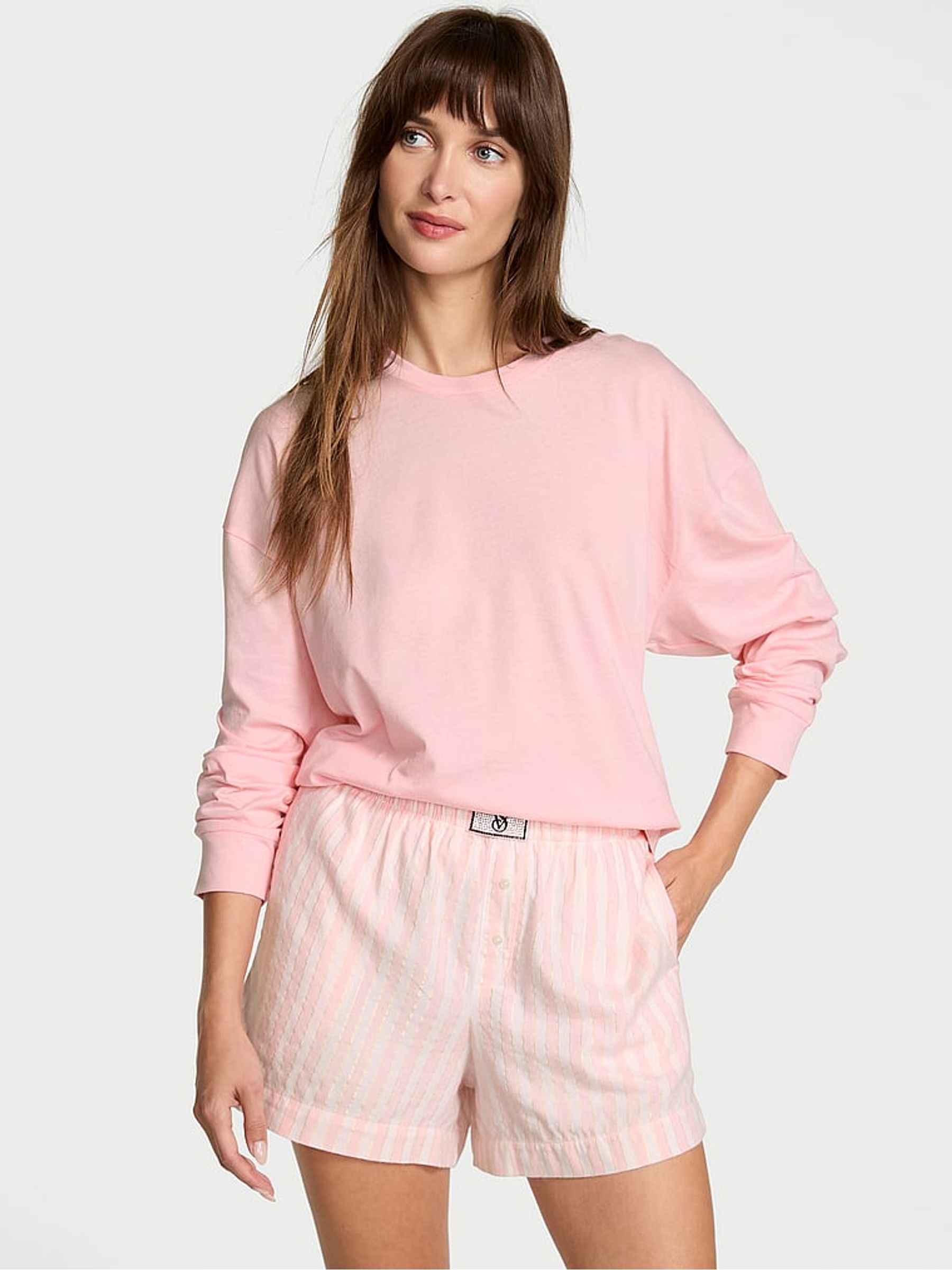 White & Pretty Blossom Pink Stripe Flannel Long Sleeve Short Pyjamas Set - Image 1 of 4 White & Pretty Blossom Pink Stripe Flannel Long Sleeve Short Pyjamas Set - Image 1 of 4