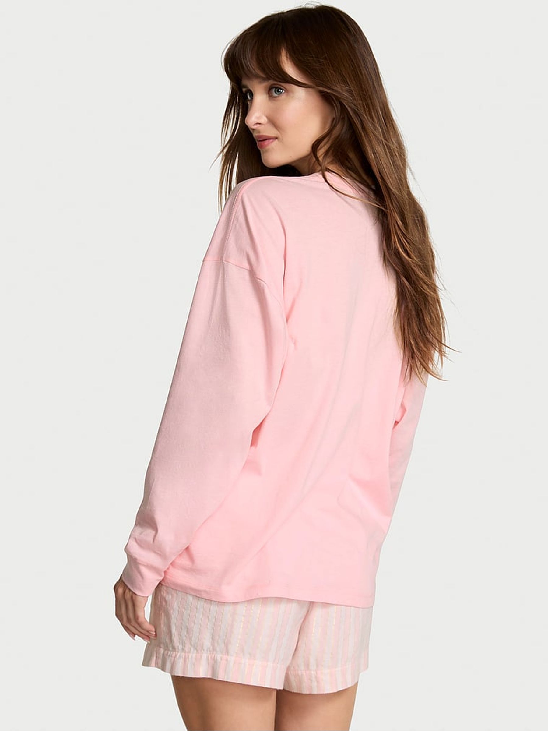 White & Pretty Blossom Pink Stripe Flannel Long Sleeve Short Pyjamas Set - Image 2 of 4 White & Pretty Blossom Pink Stripe Flannel Long Sleeve Short Pyjamas Set - Image 2 of 4