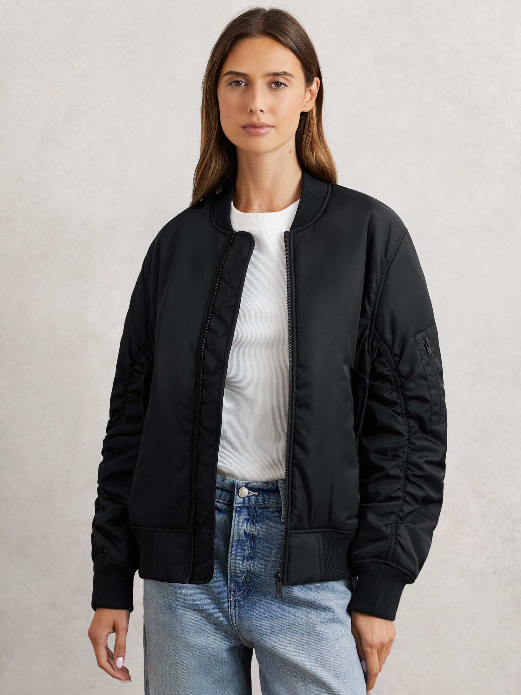 The Upside Ruched-Sleeve Bomber Jacket in Black - Image 1 of 5