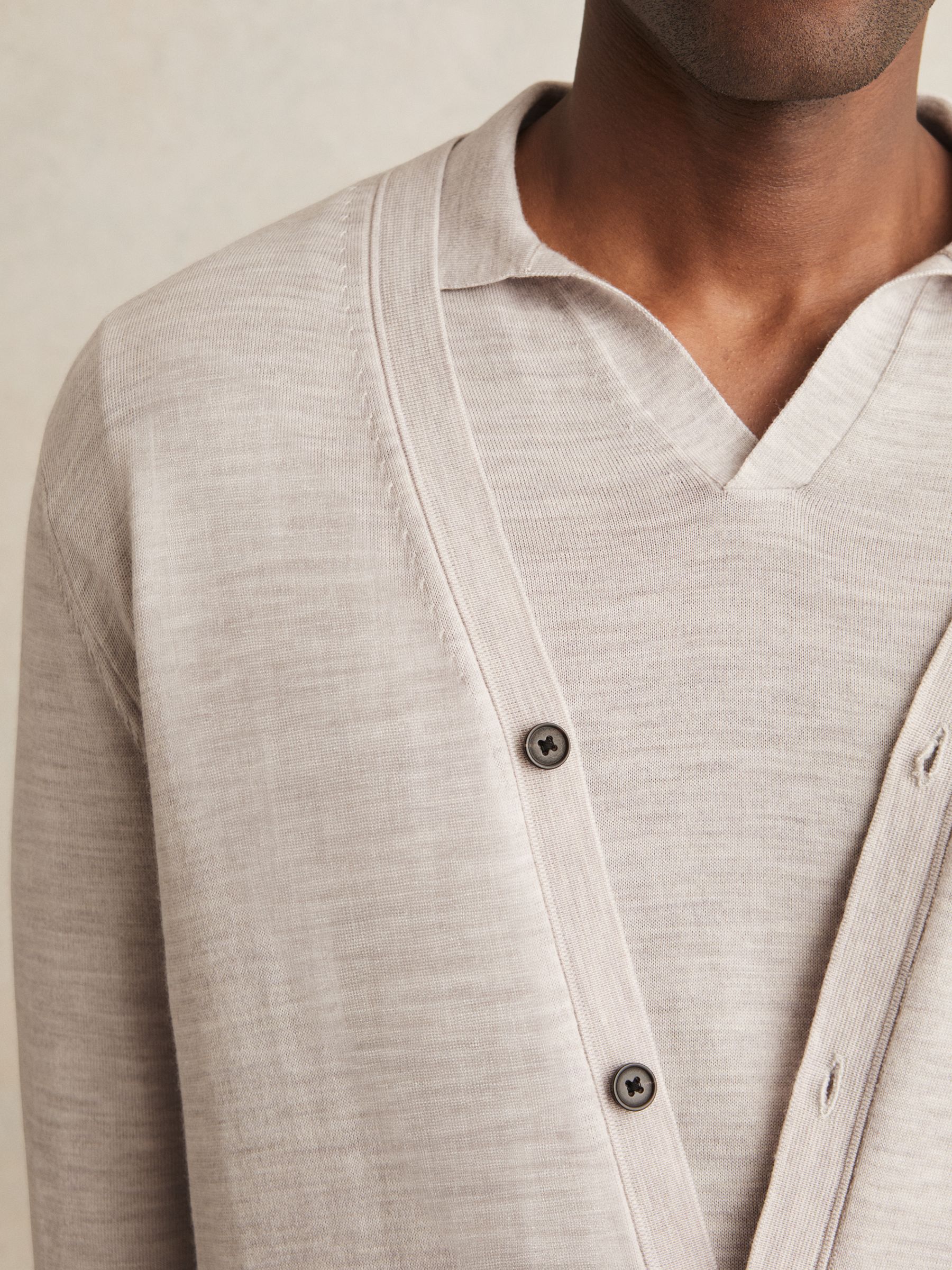 Merino Wool Button-Through Cardigan in Wicker Brown Melange - Image 4 of 6