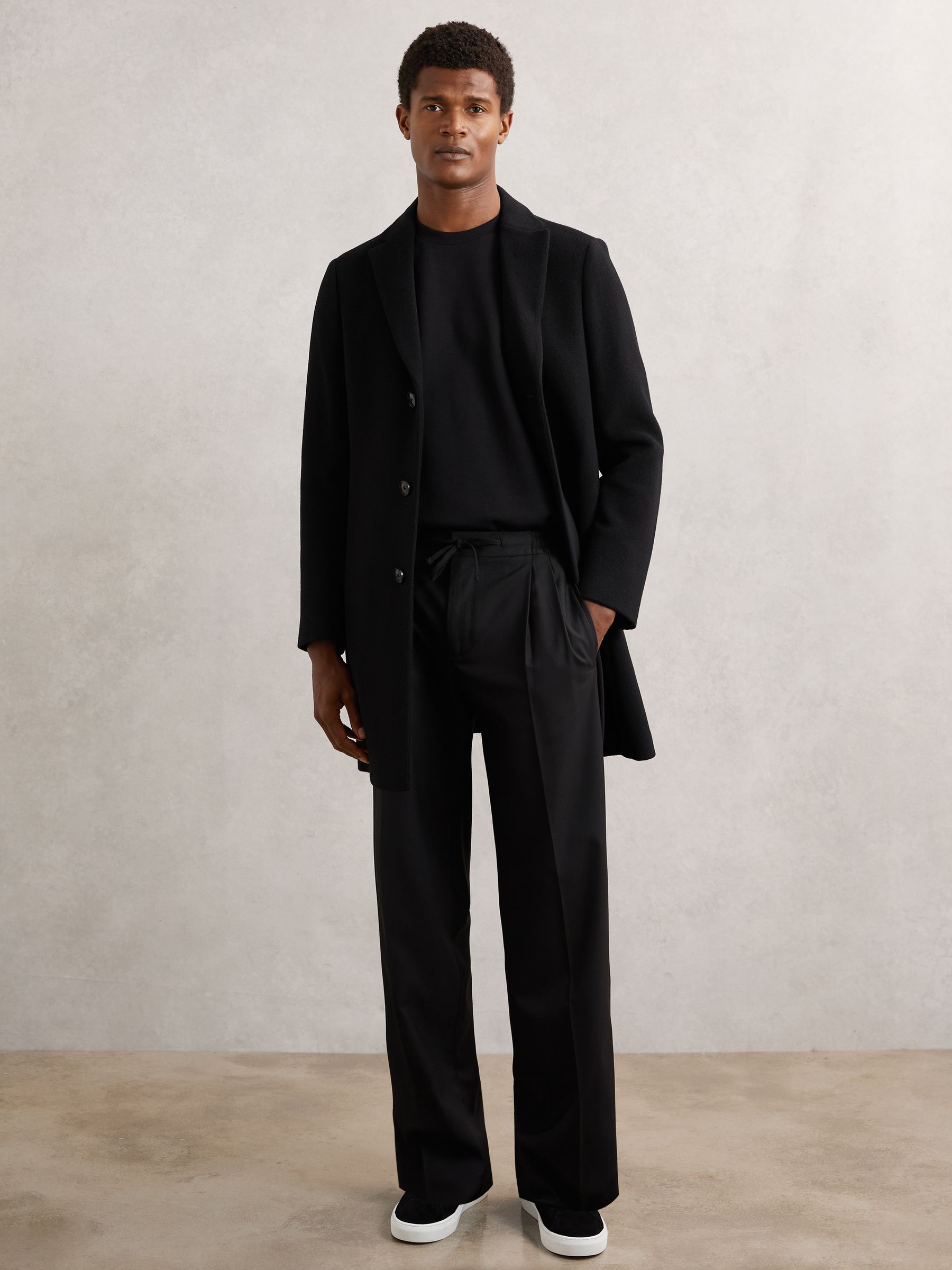 Wide Leg Pleated Drawstring Trousers in Black - Image 1 of 6