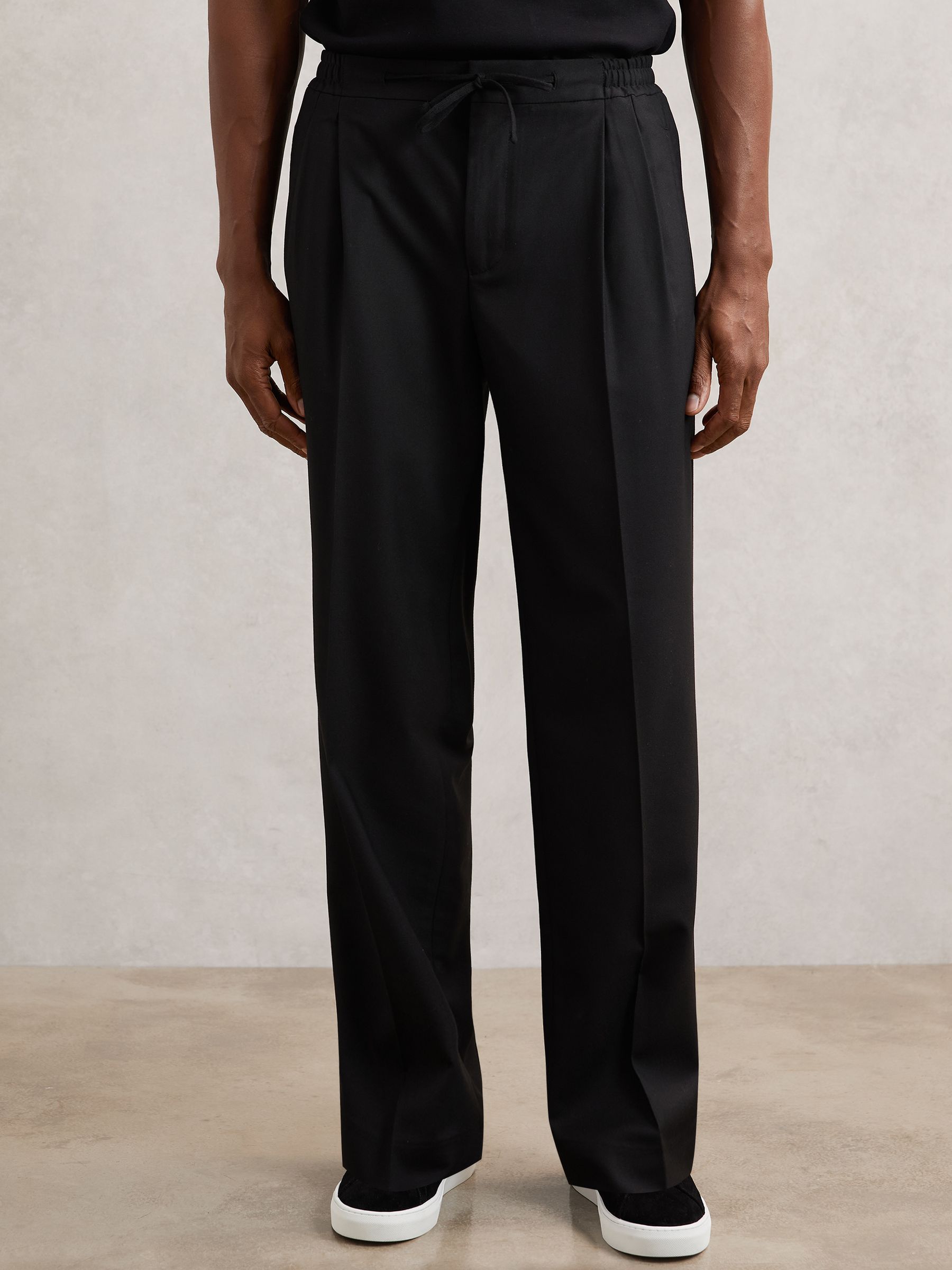 Wide Leg Pleated Drawstring Trousers in Black - Image 3 of 6