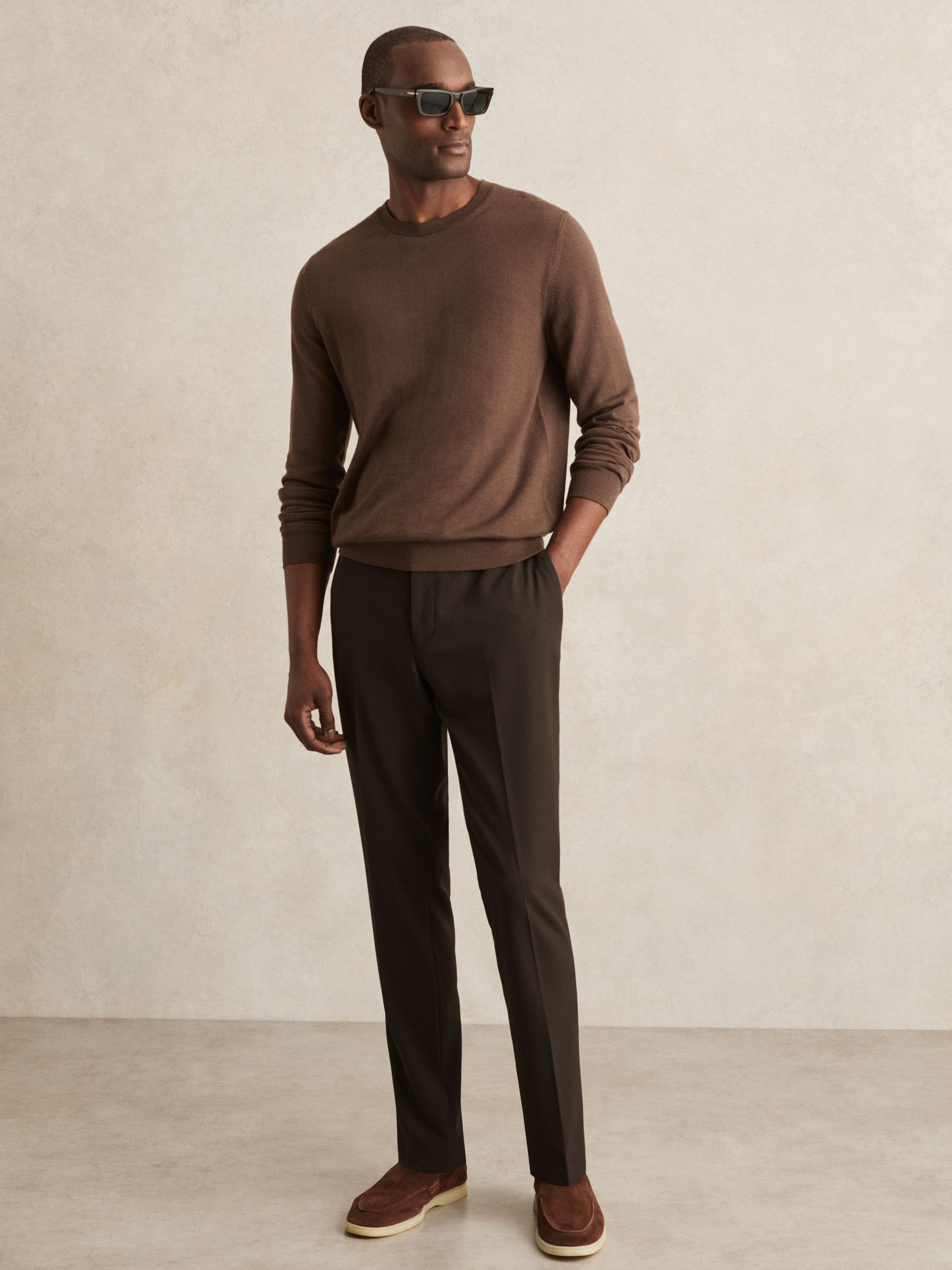 Stretch Slim Fit Drawstring Trousers in Brown - Image 1 of 6
