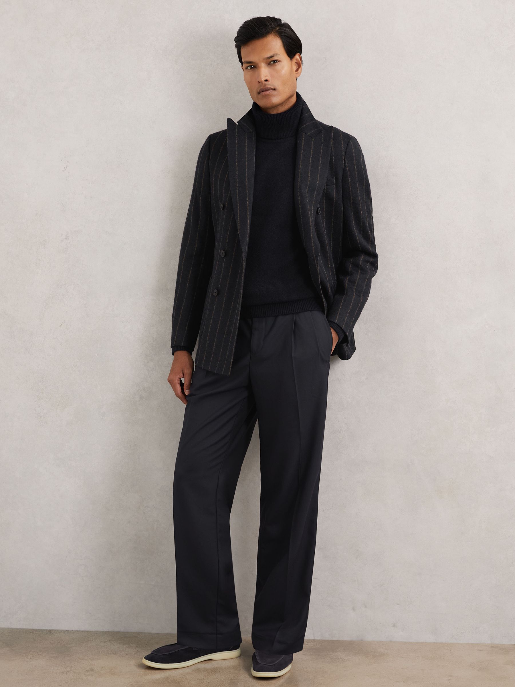 Wide Leg Pleated Drawstring Trousers in Navy - Image 1 of 6