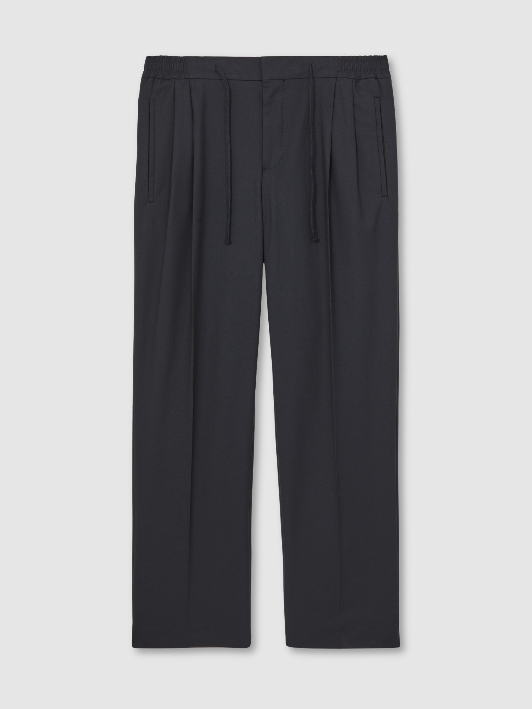 Wide Leg Pleated Drawstring Trousers in Navy - Image 2 of 6
