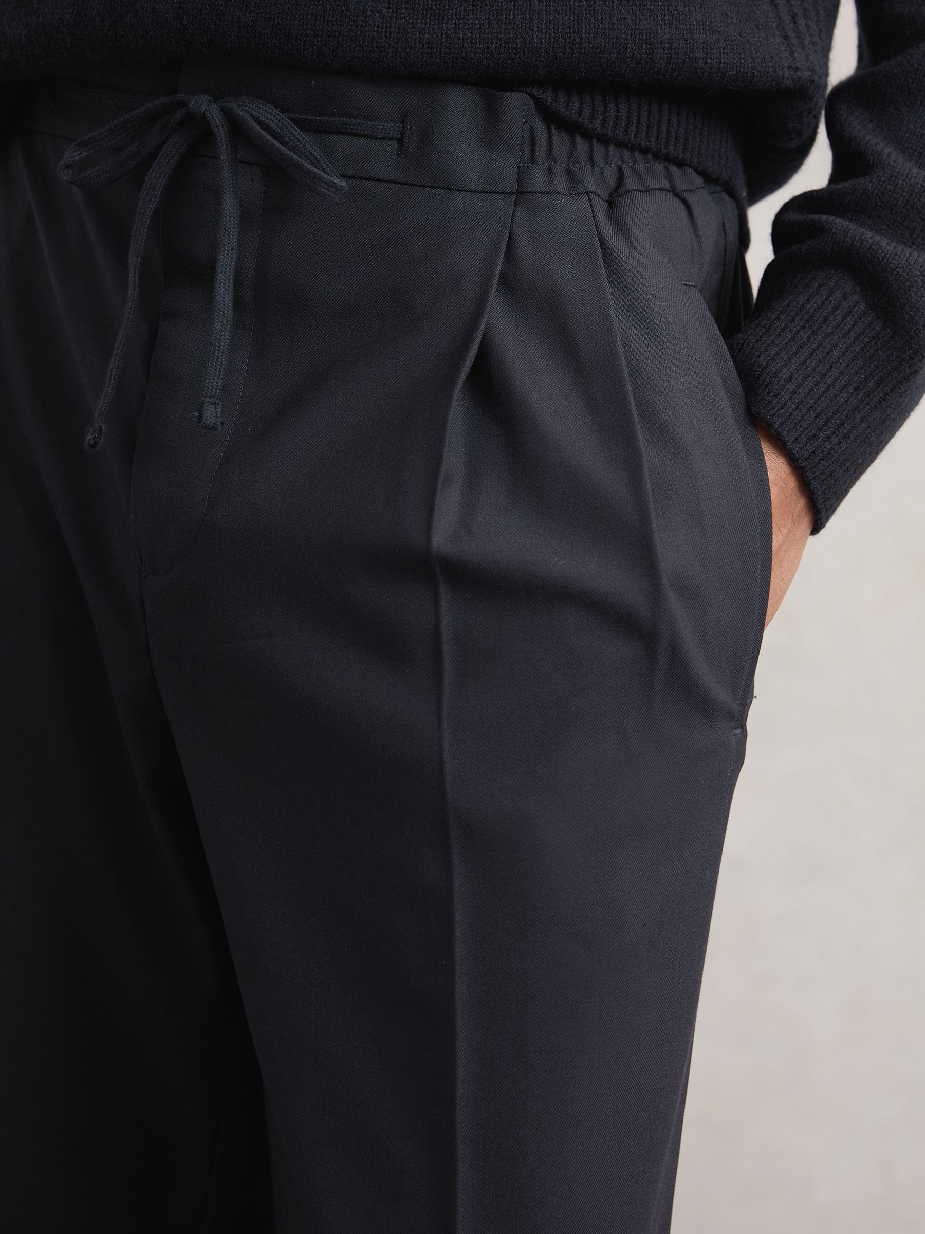 Wide Leg Pleated Drawstring Trousers in Navy - Image 4 of 6
