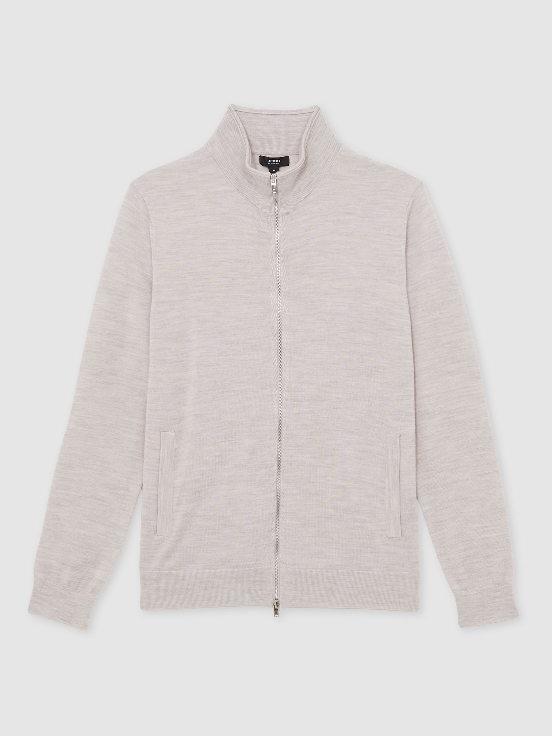 Merino Wool Zip Through Cardigan in Wicker Brown Melange - Image 2 of 6