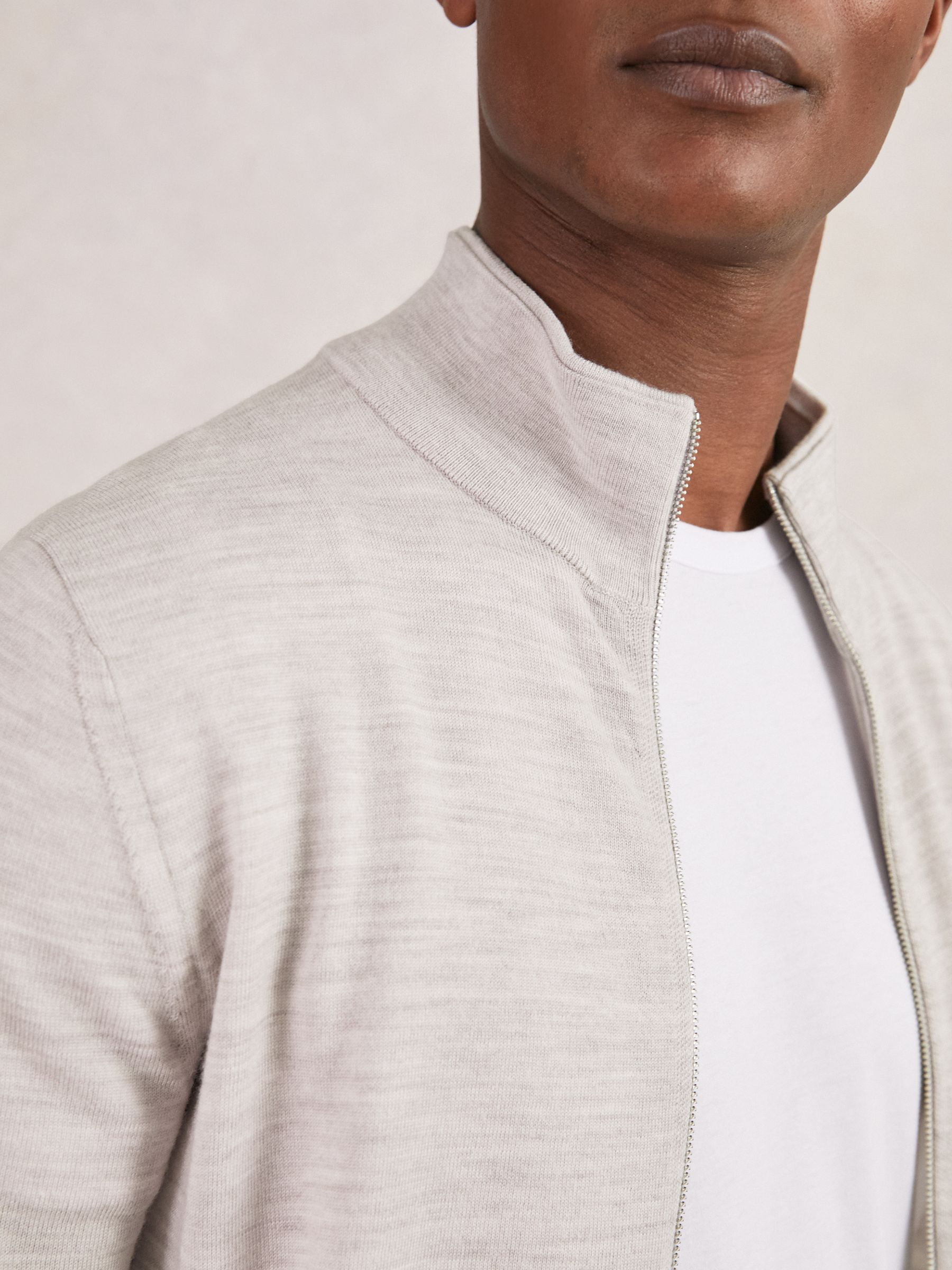 Merino Wool Zip Through Cardigan in Wicker Brown Melange - Image 3 of 6