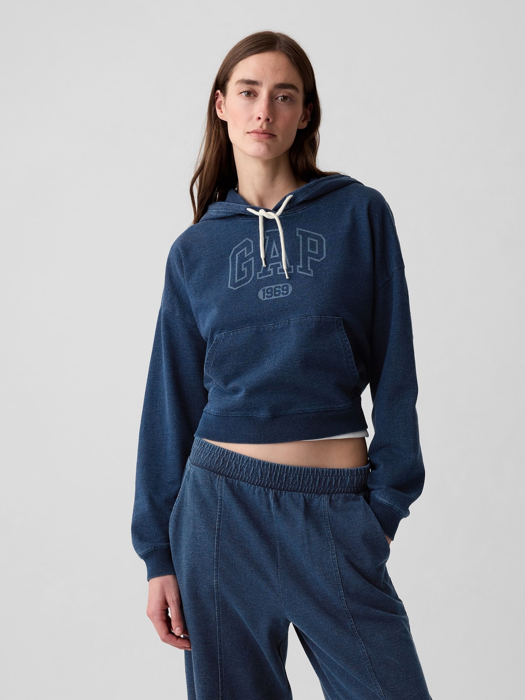 Blue Cotton Arch Logo Cropped Hoodie - Image 1 of 4