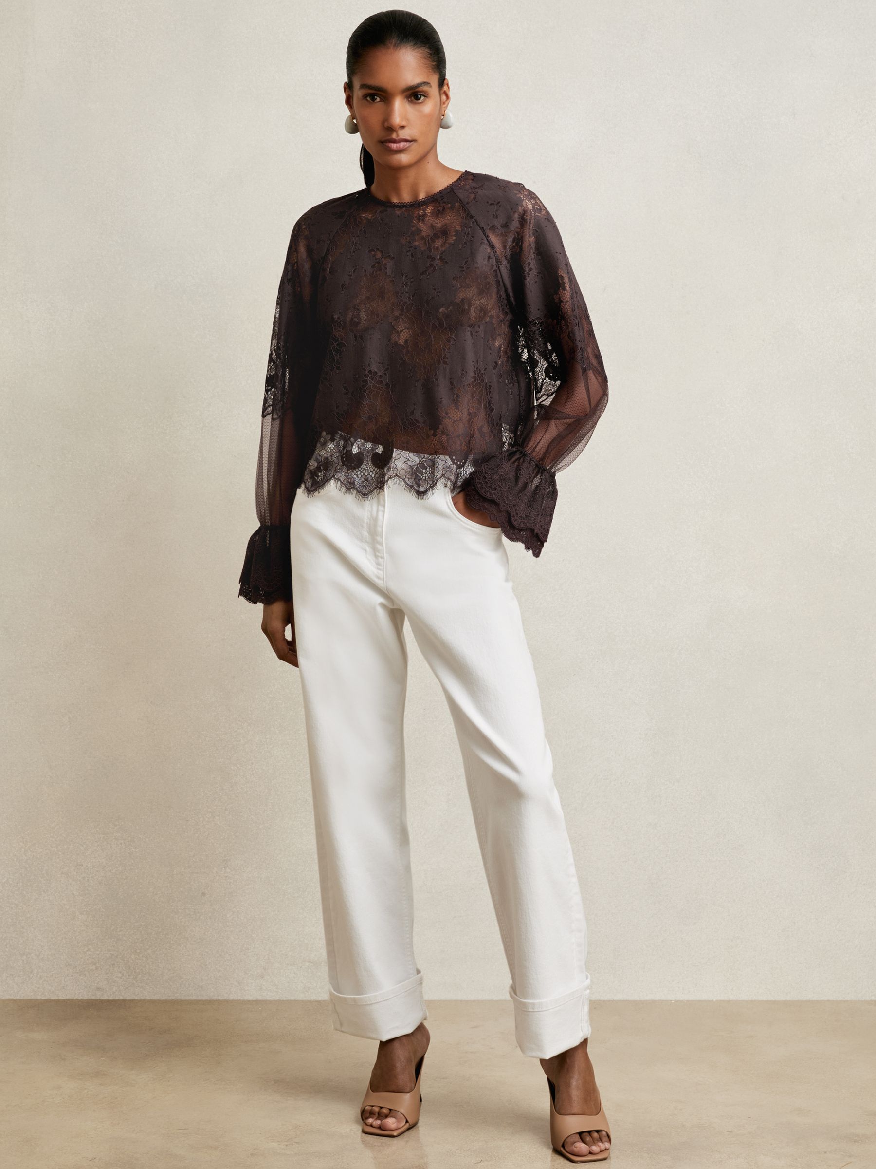Lace Flared Cuff Blouse in Chocolate Brown - Image 3 of 6