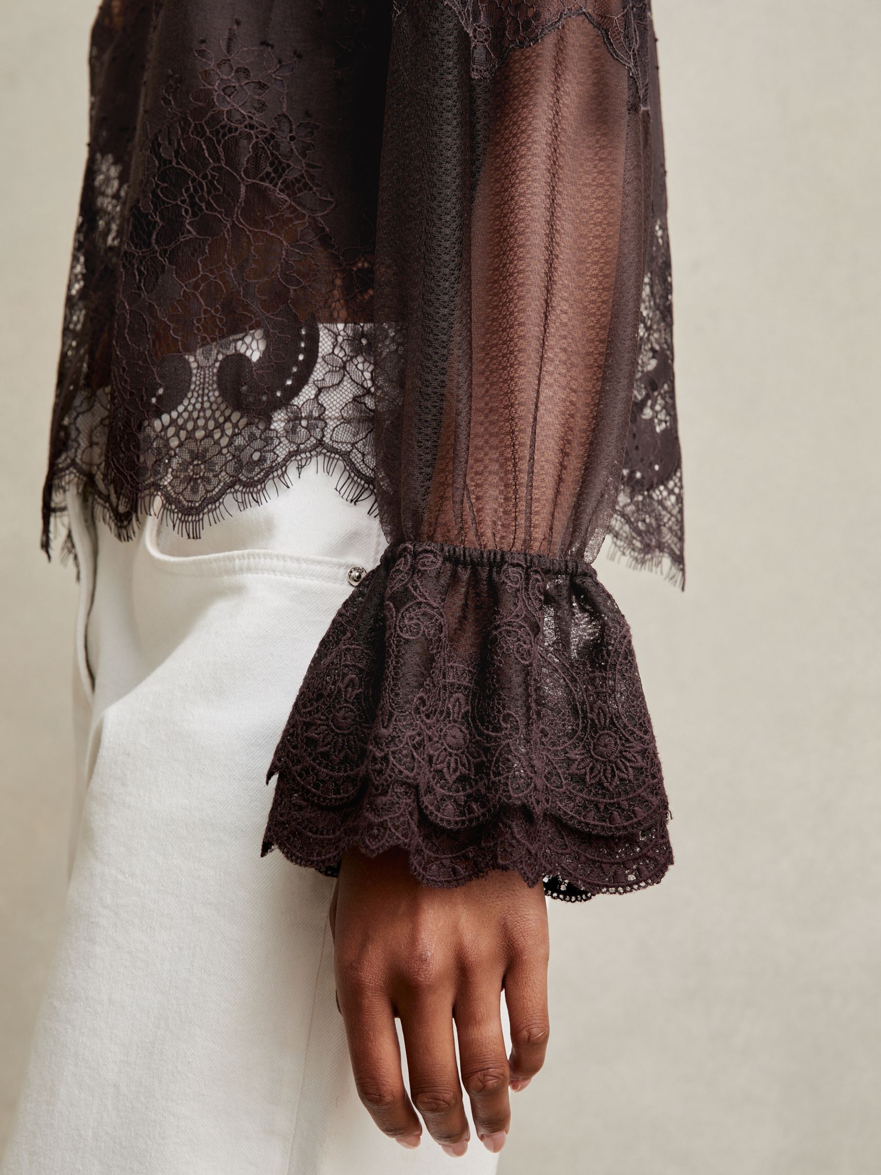 Lace Flared Cuff Blouse in Chocolate Brown - Image 4 of 6