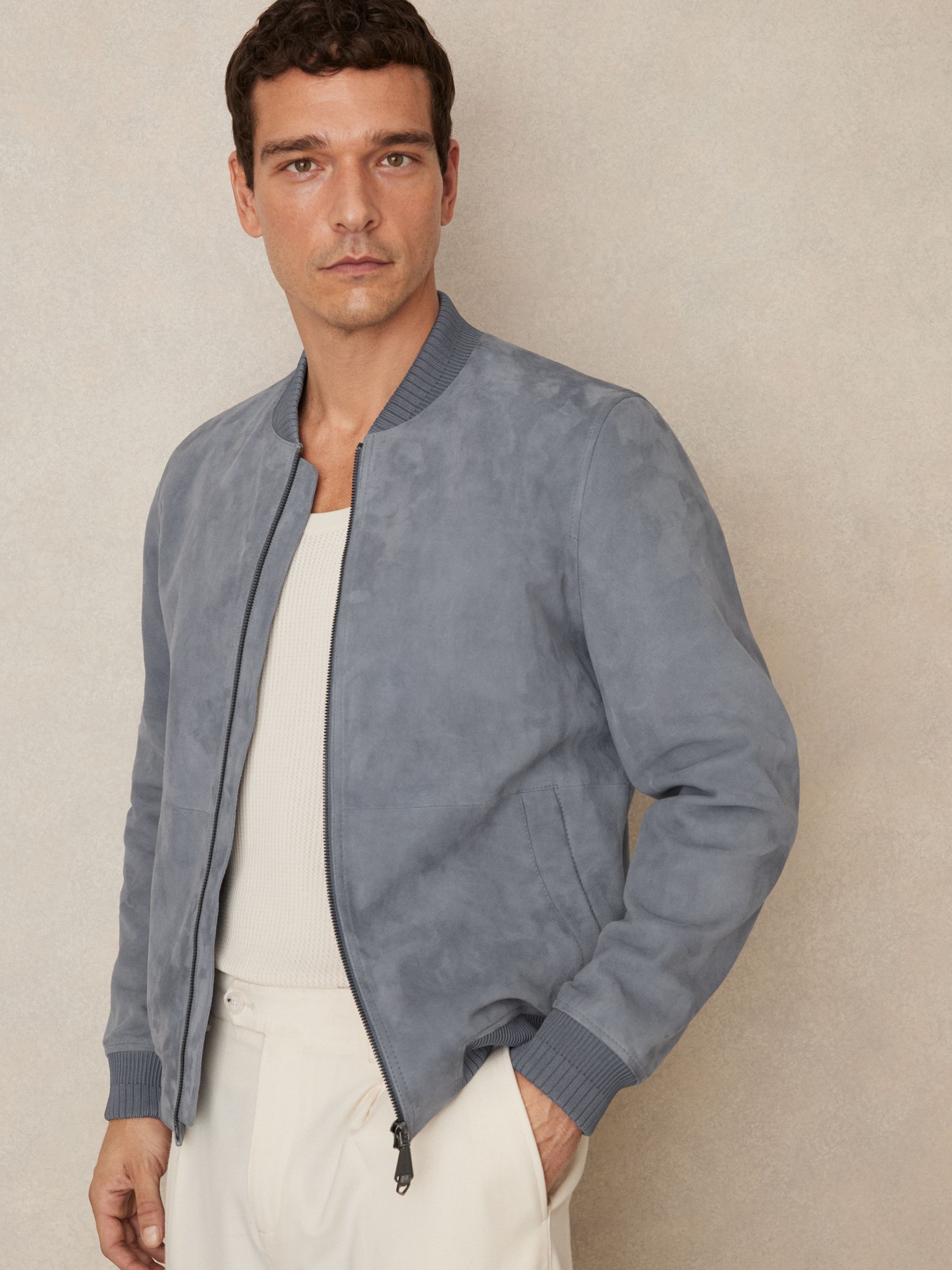 Suede Zip-Through Bomber Jacket in Denim Blue - Image 3 of 5