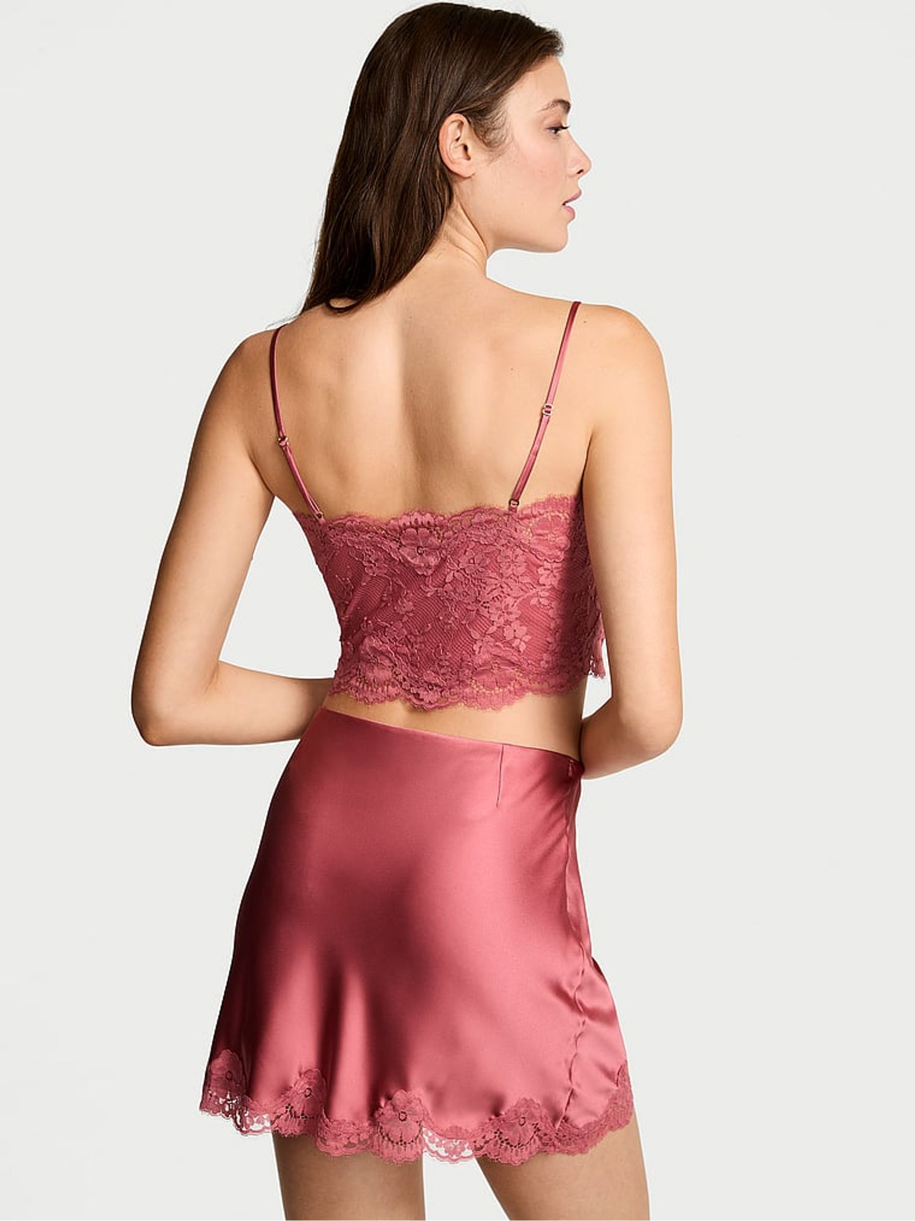 Seductive Rose Pink Satin Lace Cami and Mini Skirt Set - Image 2 of 2
