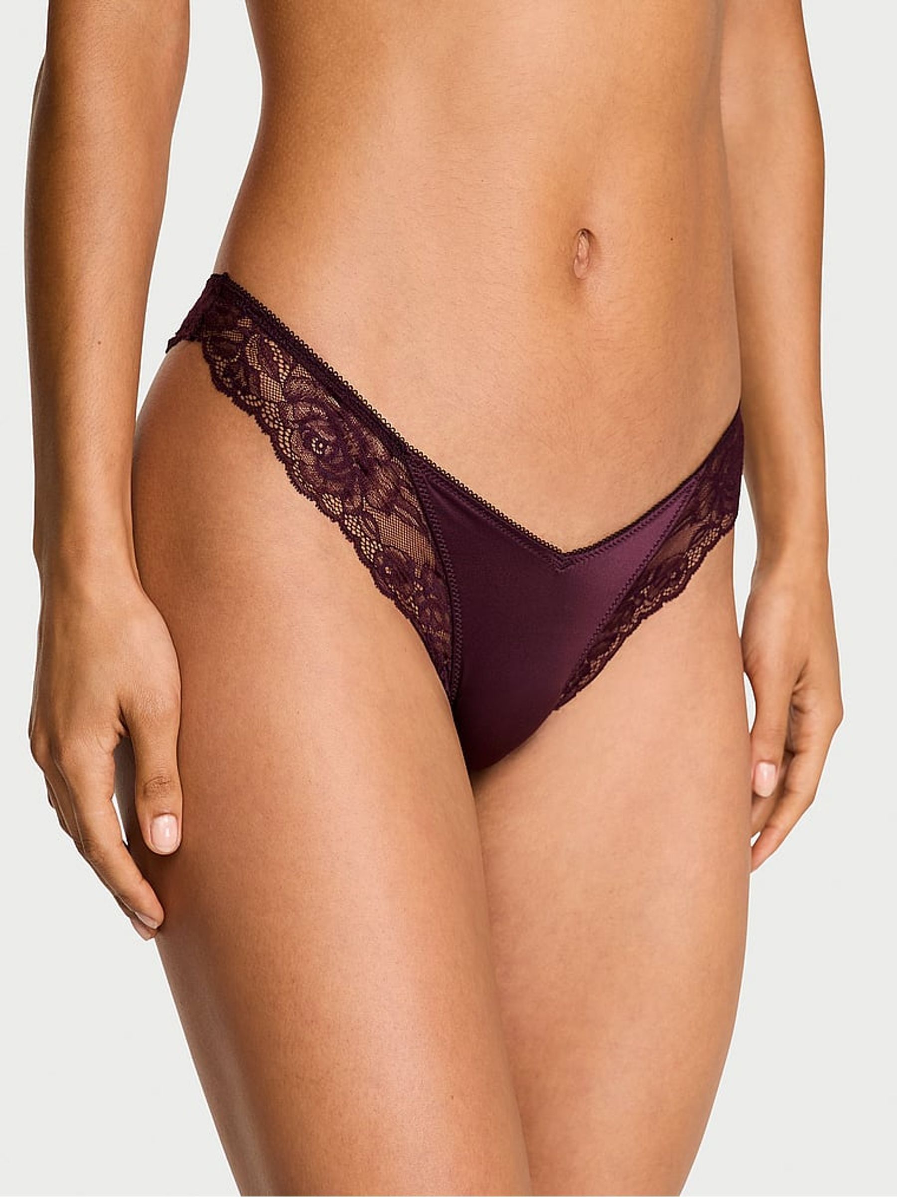 Winter Wine Red Thong Rose Lace Trim Knickers - Image 1 of 4