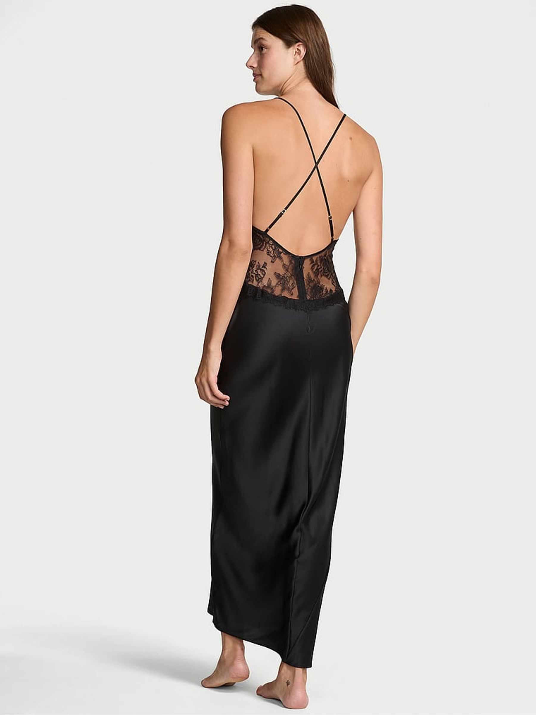 Black Satin Lace Long Slip Dress - Image 2 of 5