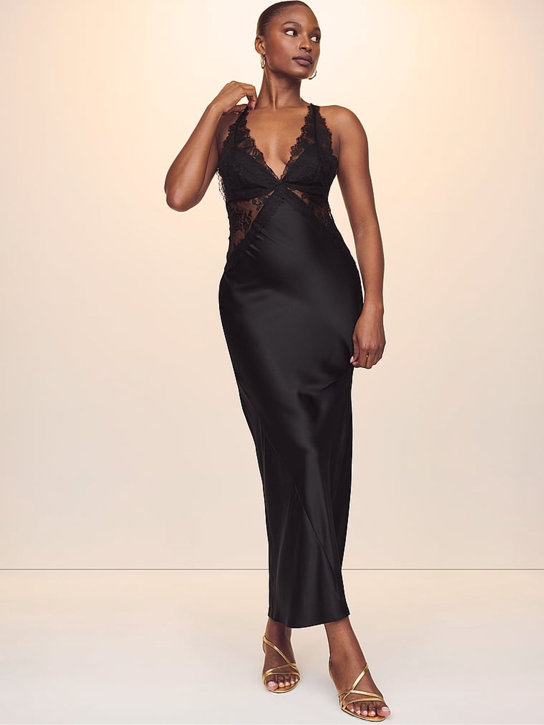 Black Satin Lace Long Slip Dress - Image 3 of 5
