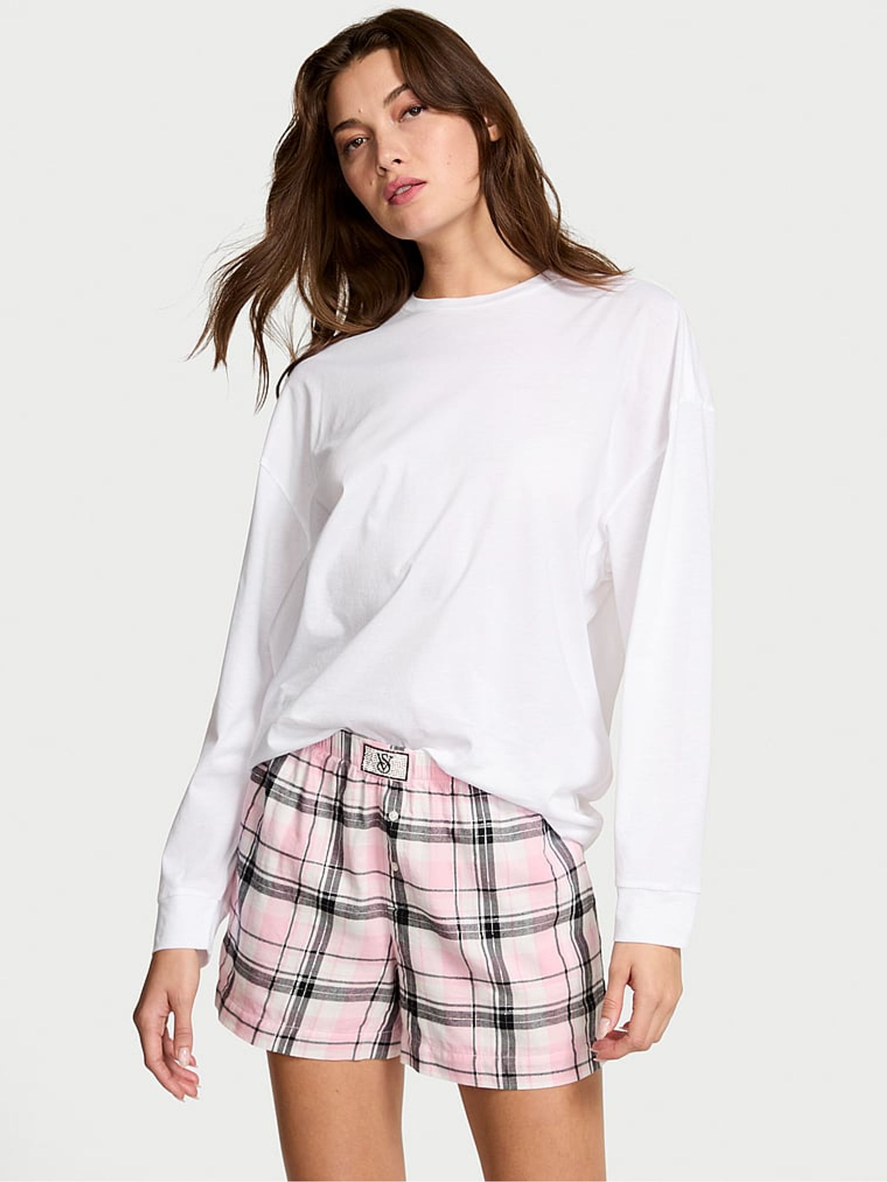 White/Pink/Black/Gold Lurex Stripe Flannel Long Sleeve Shorts Pyjamas Set - Image 1 of 4