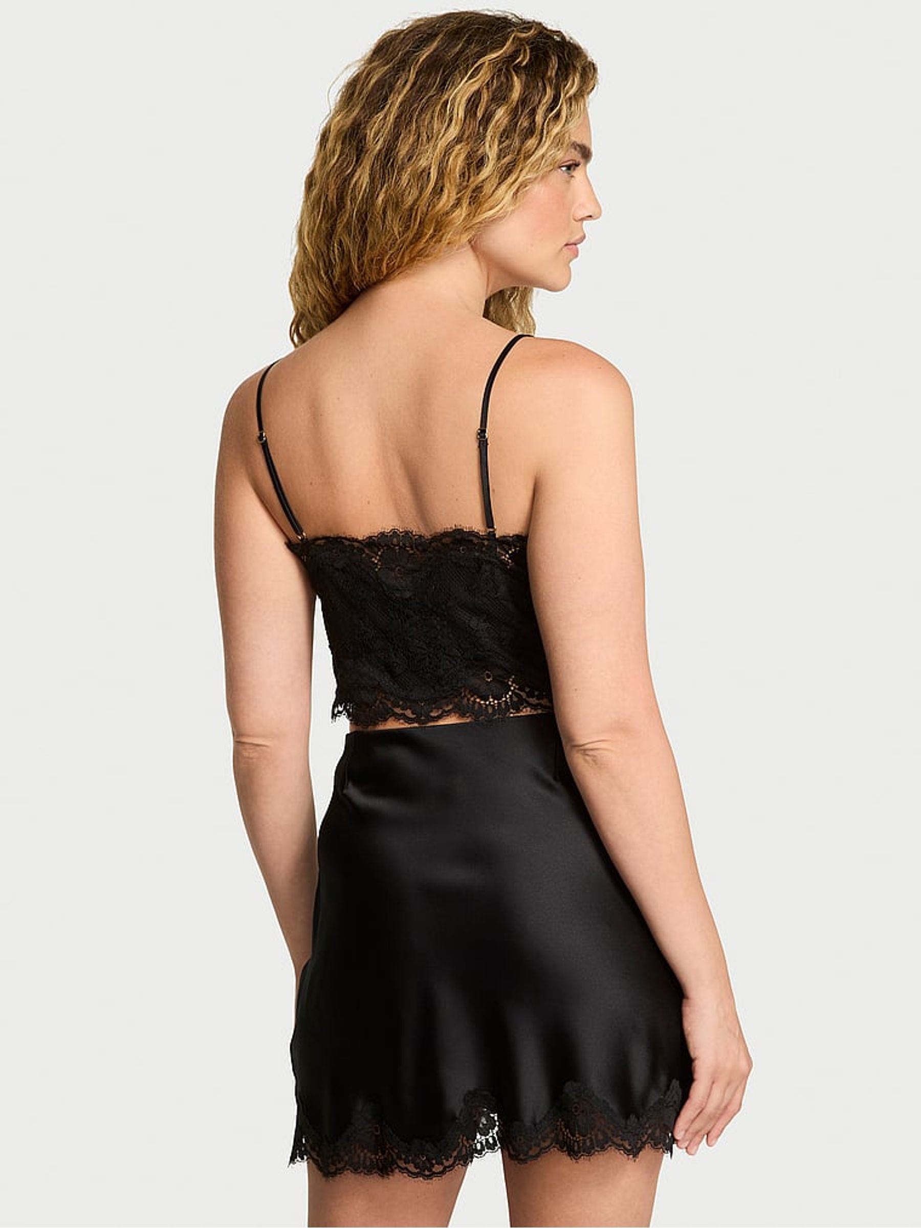 Black Satin Lace Cami and Mini Skirt Set - Image 2 of 4
