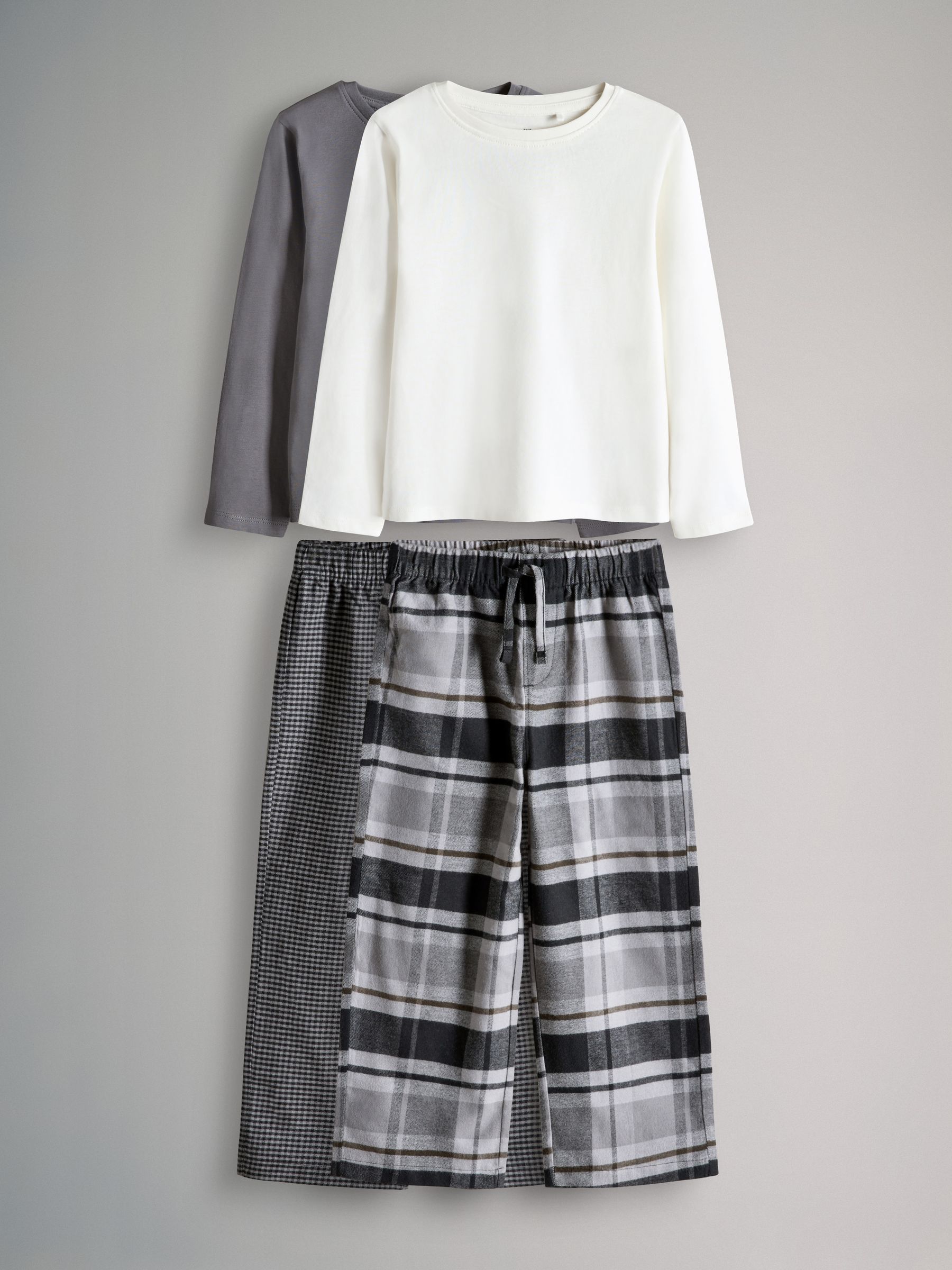 Grey Check/Black/Cream 3 Pack Long Sleeve Cotton Jersey T-Shirt and Woven Bottom Pyjamas Set - Image 1 of 7 Grey Check/Black/Cream 3 Pack Long Sleeve Cotton Jersey T-Shirt and Woven Bottom Pyjamas Set - Image 1 of 7