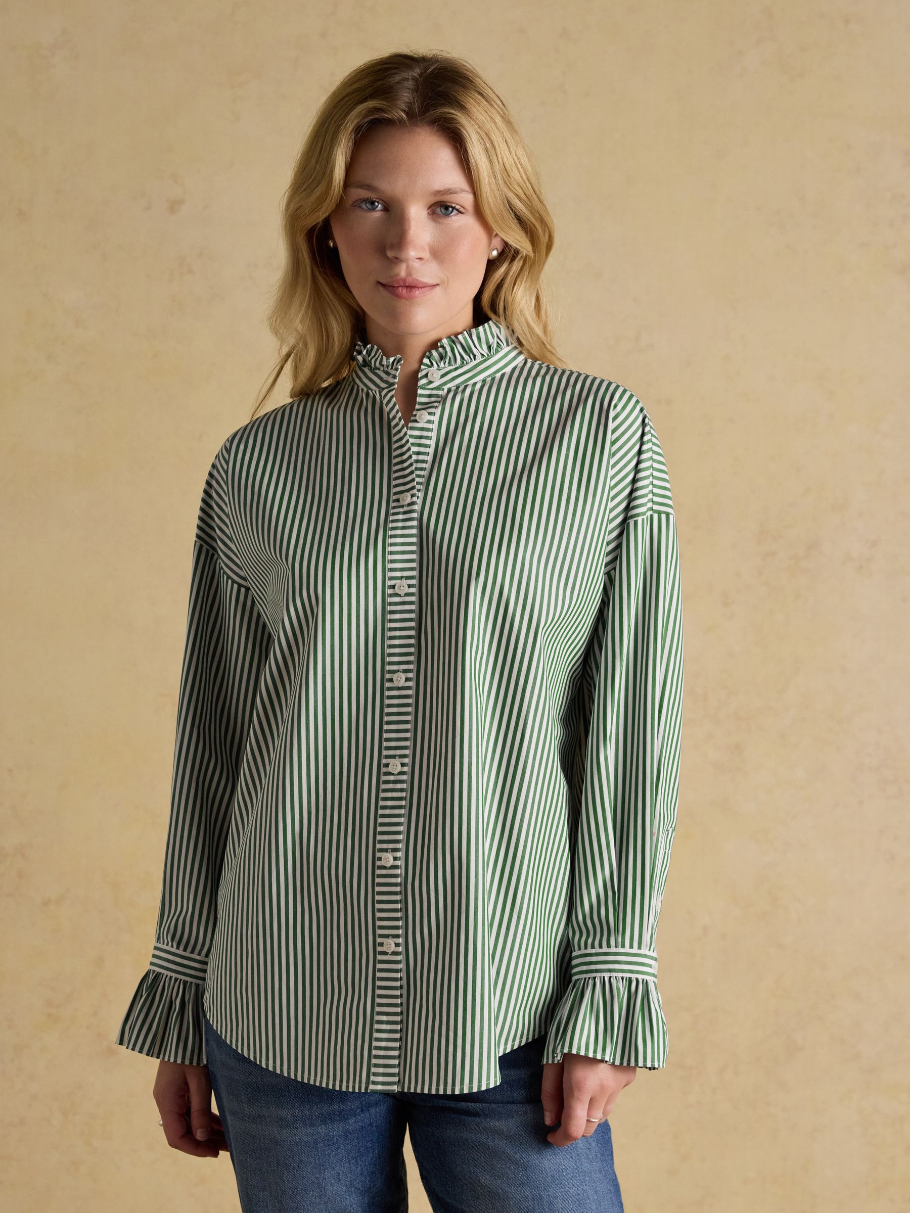 Mae Green & White Oversized Frill Neck Stripe Shirt | Joules