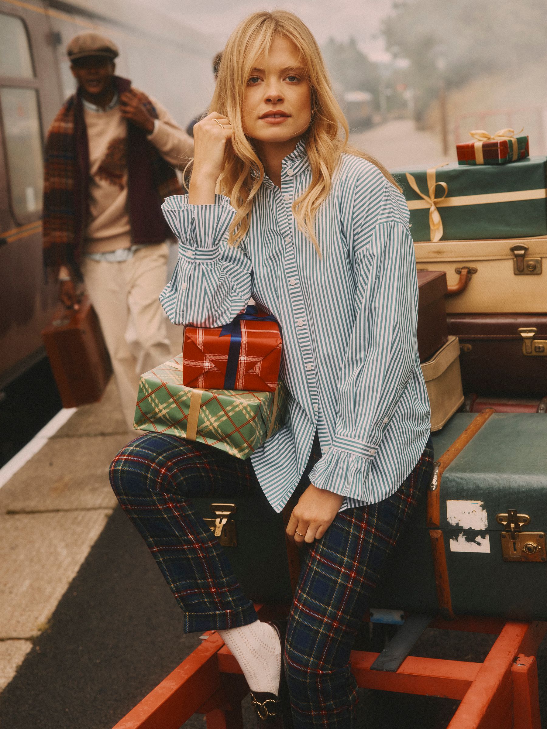 Mae Green & White Oversized Frill Neck Stripe Shirt - Image 1 of 8