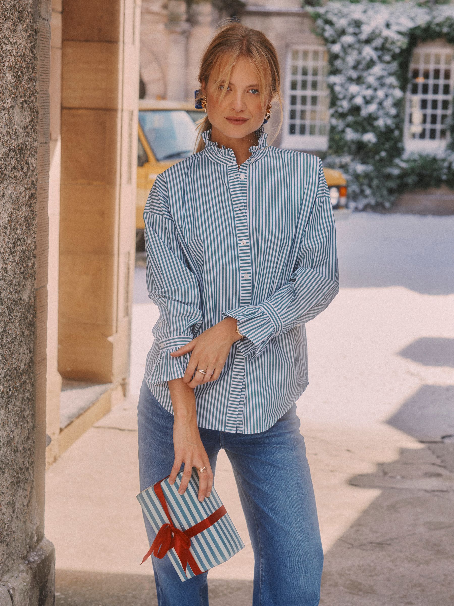 Mae Green & White Oversized Frill Neck Stripe Shirt - Image 2 of 8