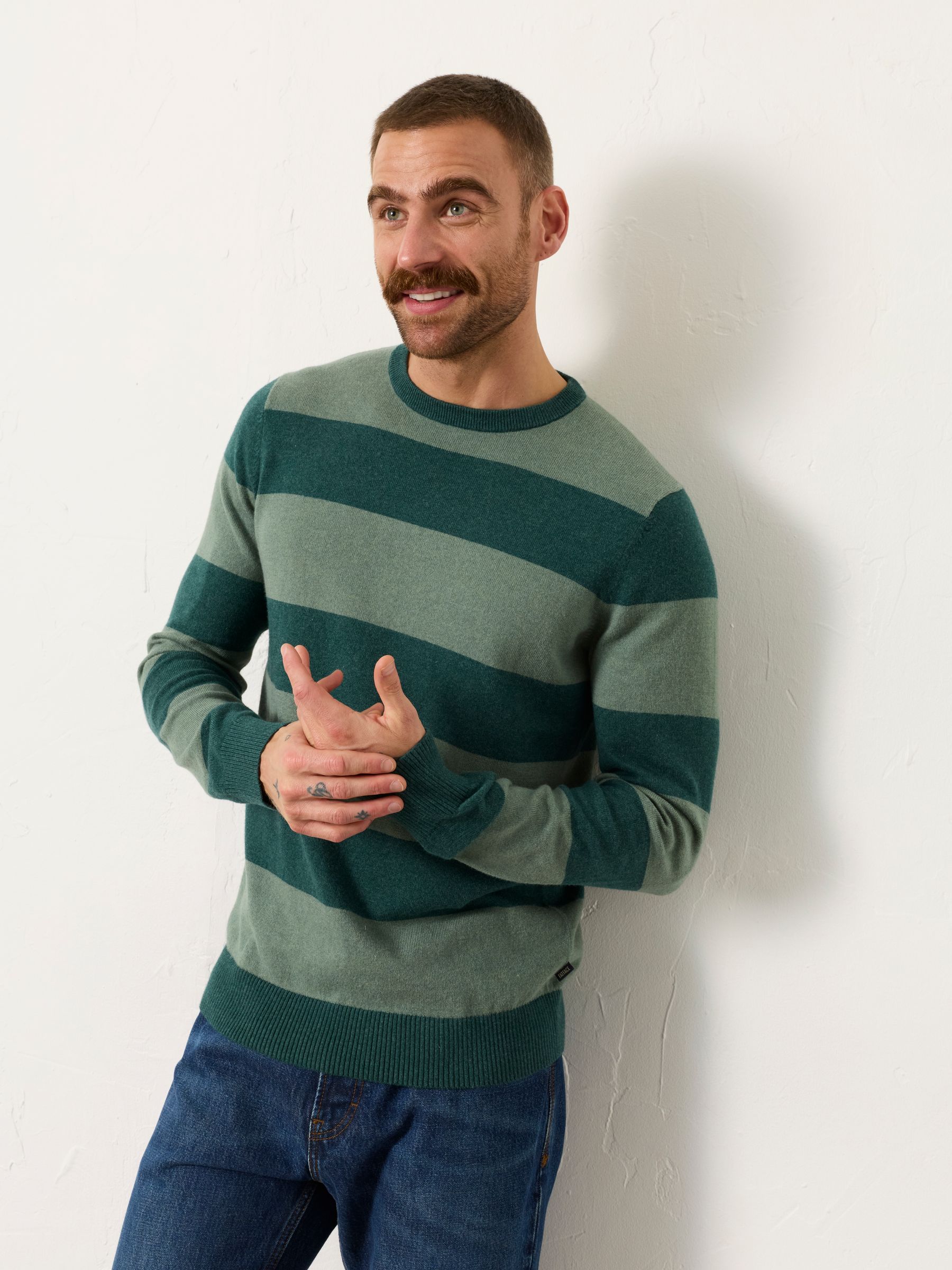 Rye Emerald Green Tonal Stripe Crew Jumper - Image 1 of 6