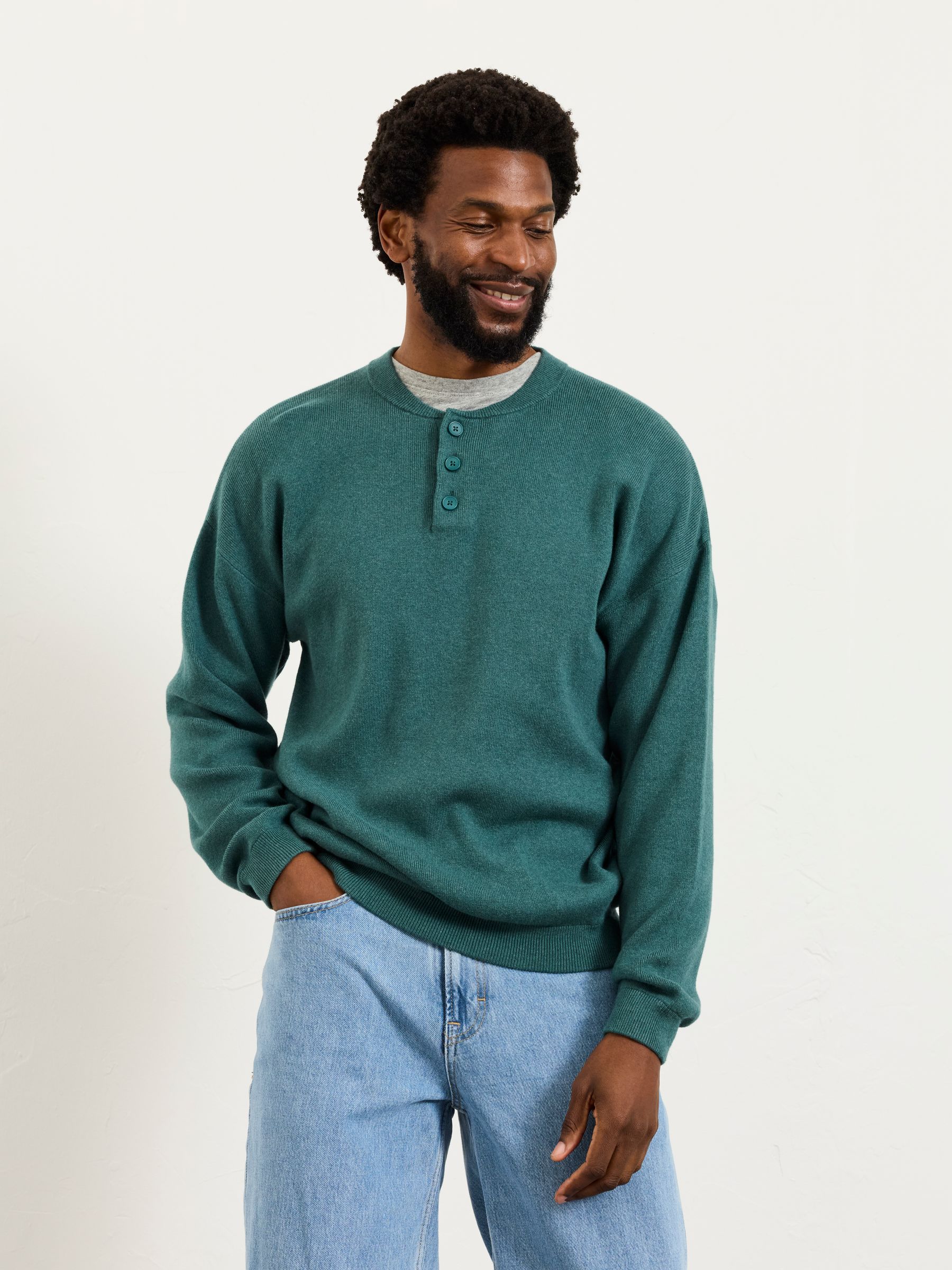 Helston Jade Green Knitted Crew Neck Henley - Image 1 of 6