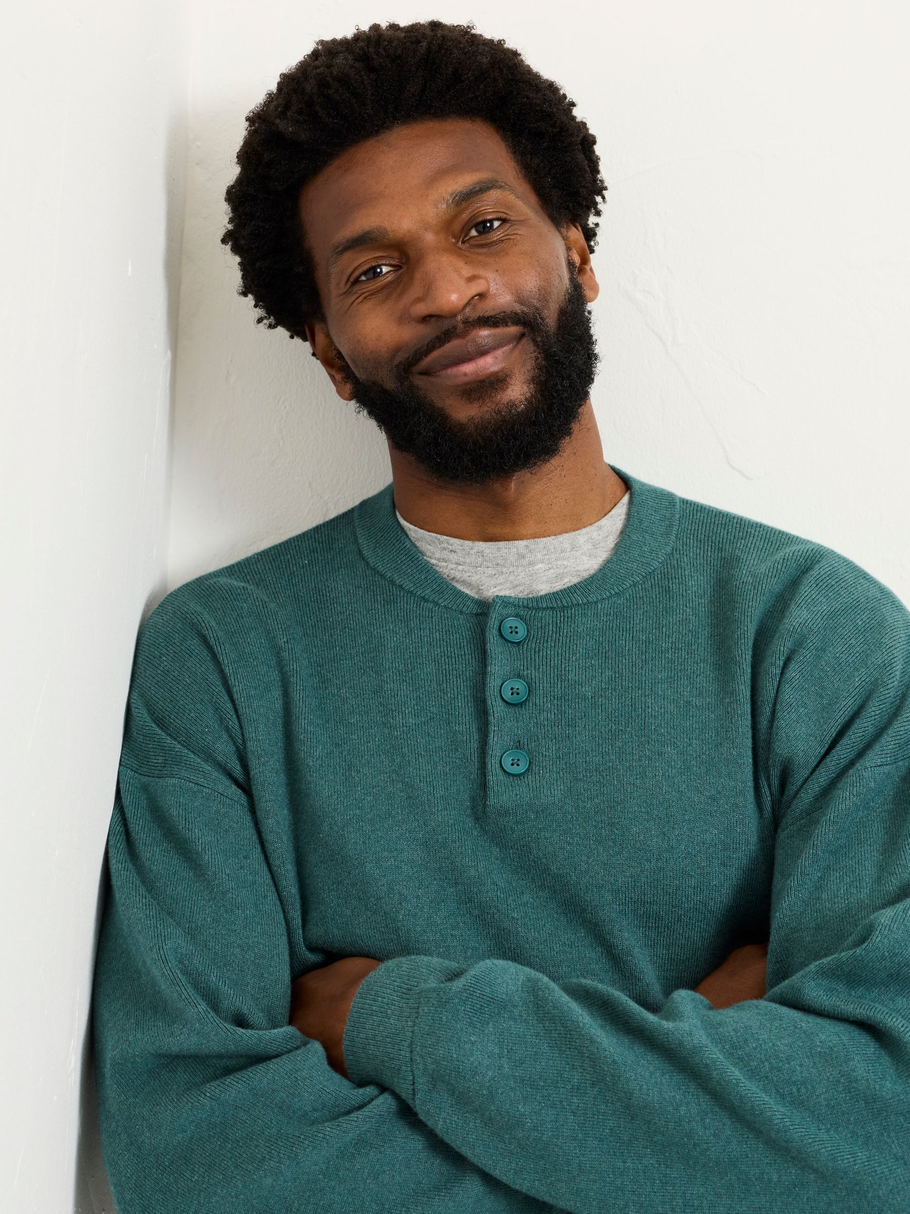 Helston Jade Green Knitted Crew Neck Henley - Image 4 of 6